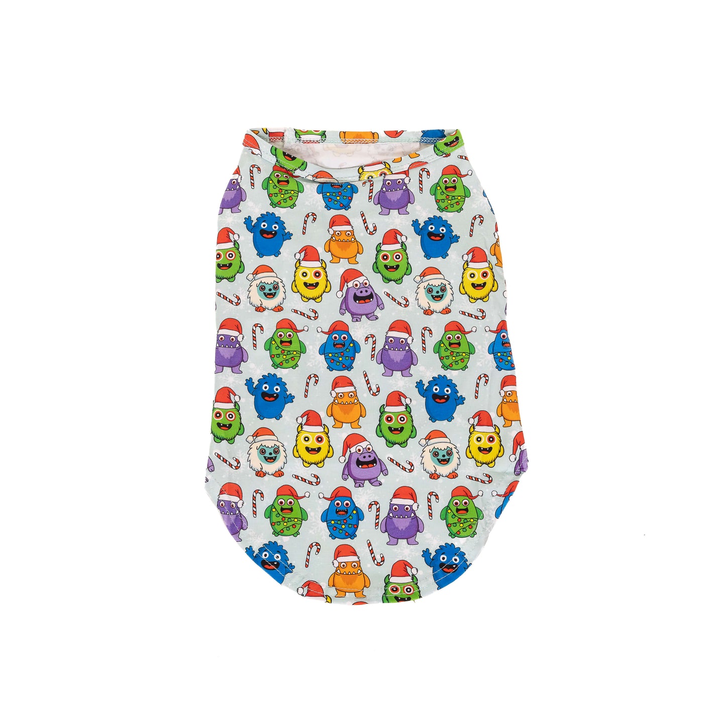 Back flat lay of the Festive Monsters Christmas dog shirt with colourful monster characters wearing Santa hats and candy cane print.