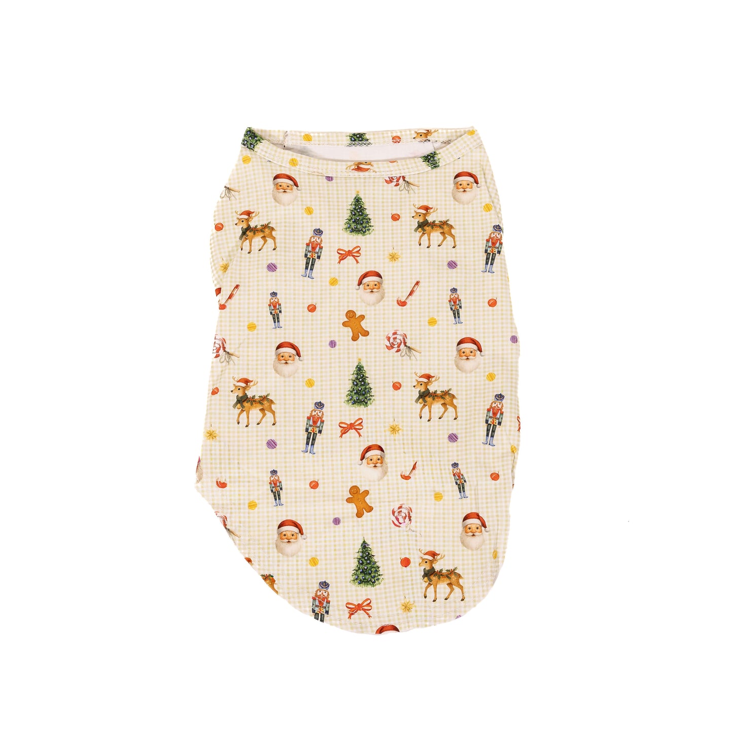 Back flat lay of a Christmas dog shirt featuring Santa, reindeer, nutcracker, candy cane, gingerbread, and Christmas tree print on a cream gingham fabric.
