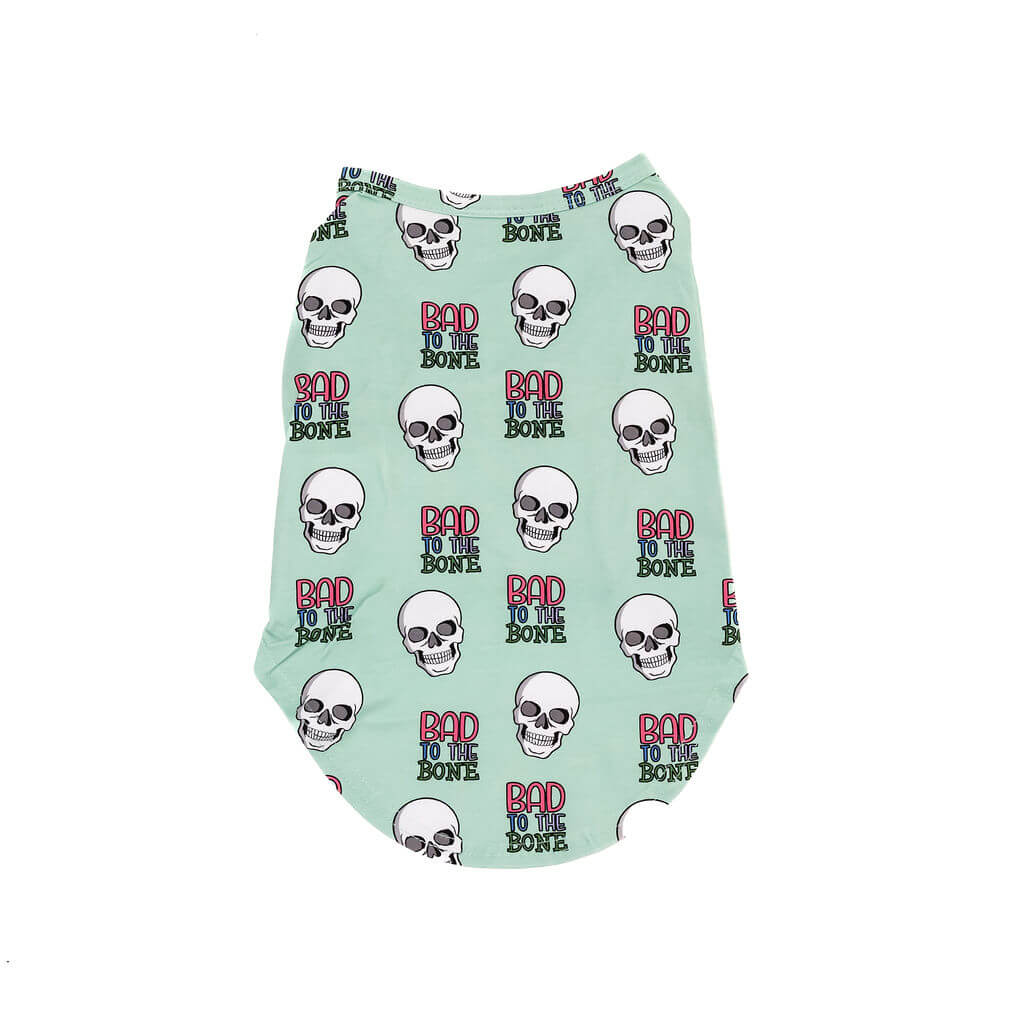 Bad to the Bone Dog Shirt back view – mint green dog tee with bold skull print and ‘Bad to the Bone’ text, soft and breathable fabric.