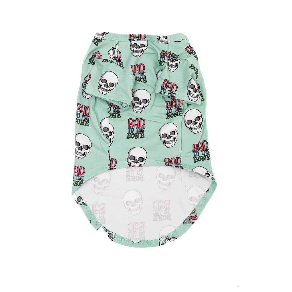 Bad to the Bone Dog Shirt front view – mint green skull print dog tee with shortened hem for comfort and easy bathroom breaks.