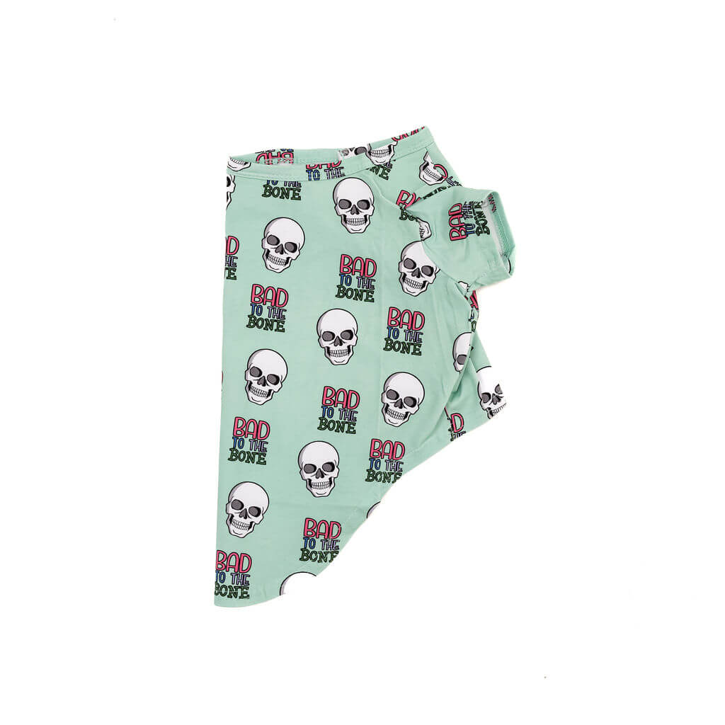 Bad to the Bone Dog Shirt side view – mint green dog tee with skull and text print, stylish streetwear for dogs.