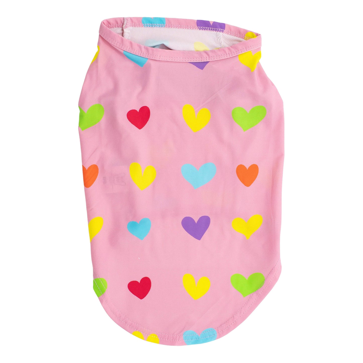A back flat lay of a pink shirt with orange, blue, yellow, and green love hearts printed on it. This shirt for dogs is designed to be wet to cool dogs down.