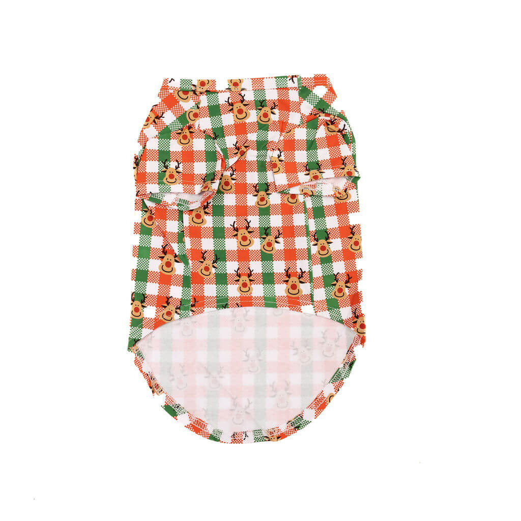 A front flat lay of a Vibrant Hound Reindeer Christmas shirt for dogs. The shirt has green, red, and white cheekers with reindeer printed on it.