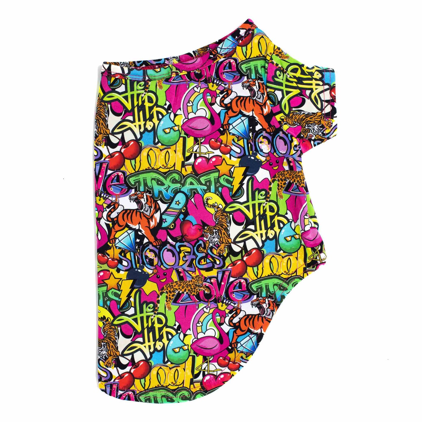 2023-01-06_VHFlats-9156 2080 × 2080px A side flat-lay of Vibrant Hound's writting on the wall shirt for dogs. It is bright and covered in graffiti.