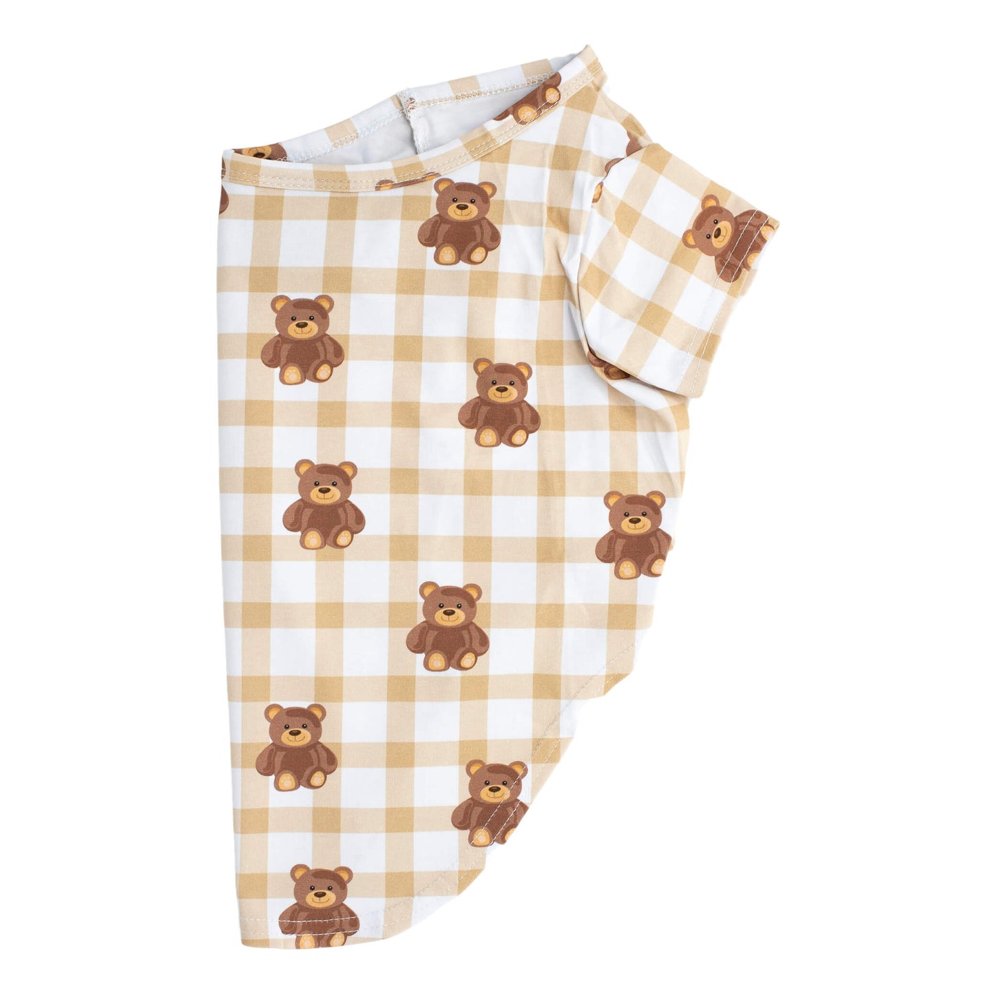 Side profile of Vibrant Hounds Teddy Bear pyjamas for dogs. It is brown and white gingham with teddy bears pritned on it.