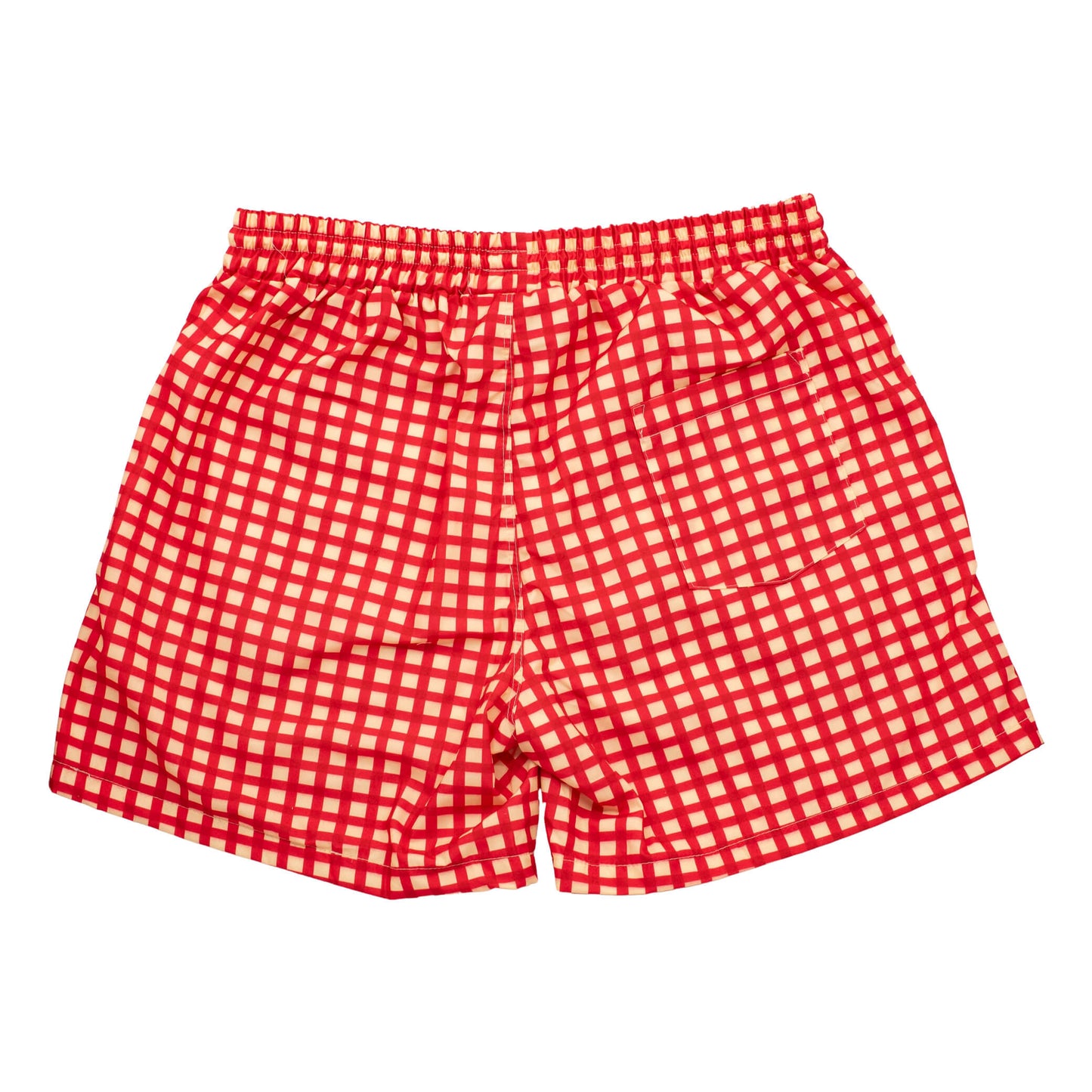 Rear flat lay of Vibrant Hounds red checker swimwear. It is red and cream.