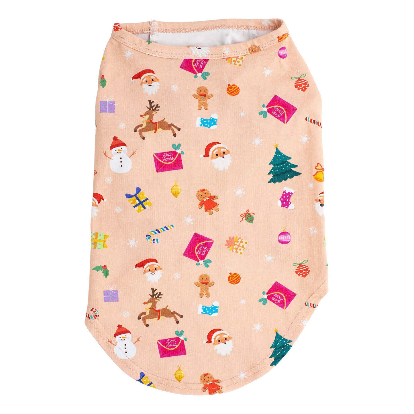 A back flat lay of a peach colored "Dear Santa" shirt for dogs. The shirt has Santa, presents, snowmen, and candy canes printed on it.