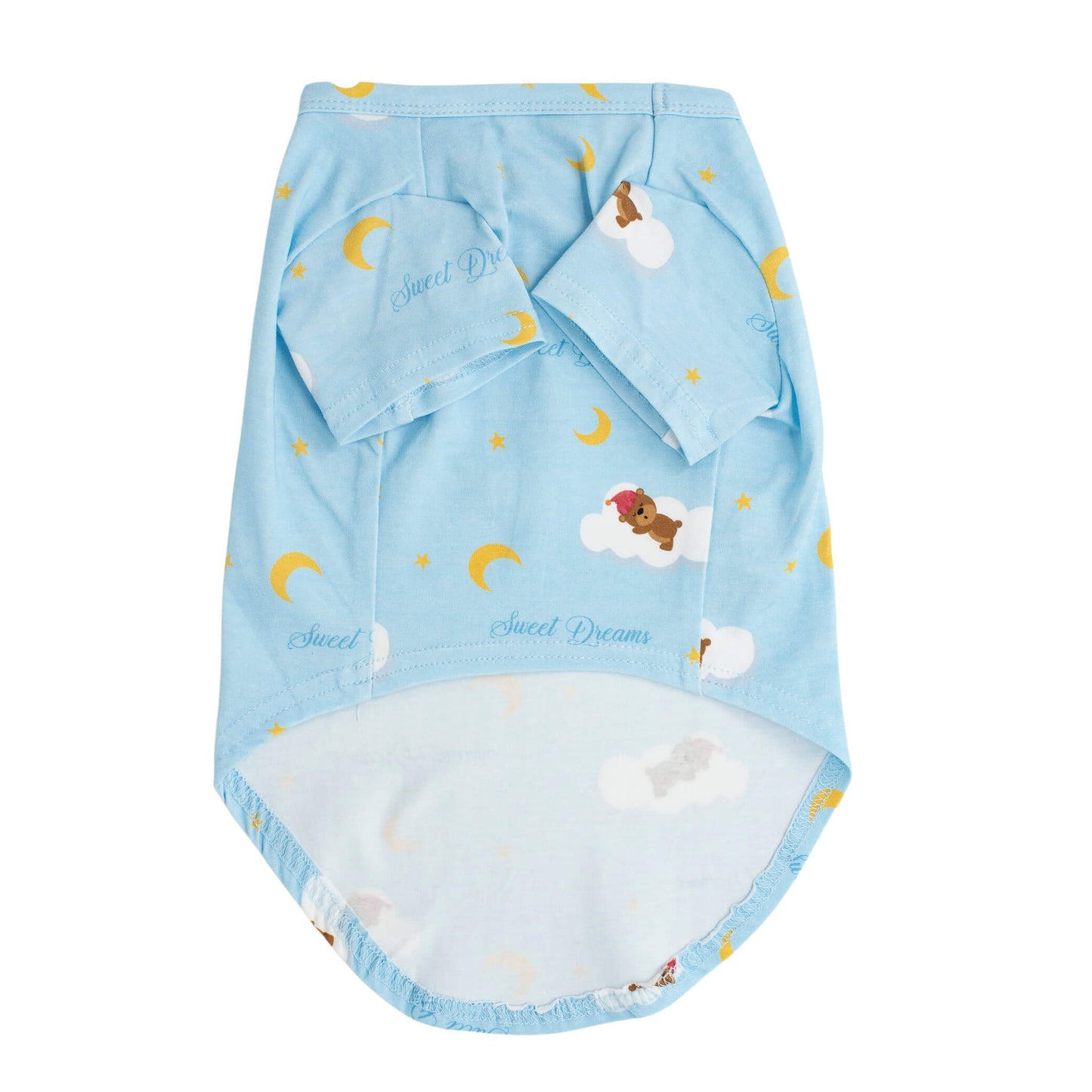 Front of Vibrant Hound dog pyjamas. The shirt is blue with Teddy bears floating on white clouds printed on it.