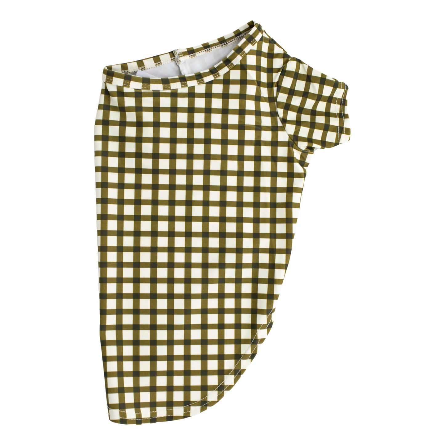 Side flat lay of Vibrant Hounds green checkered rash shirt for dogs. It is UPF 50 and made out of recycled material.