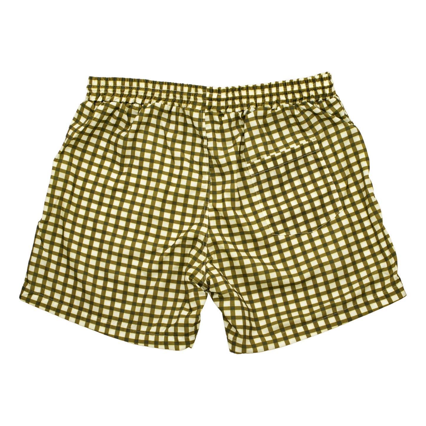 Vibrant Hounds Green checkered swim shorts. This is back flat lay and the swimwear is green and cream gingham.