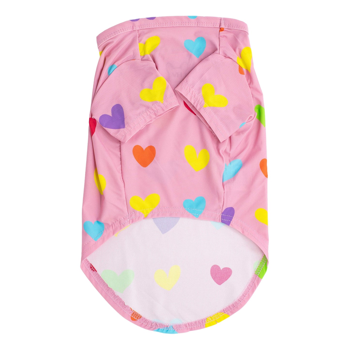 A front flat lay of a pink shirt with orange, blue, yellow, and green love hearts printed on it. This shirt for dogs is designed to be wet to cool dogs down.