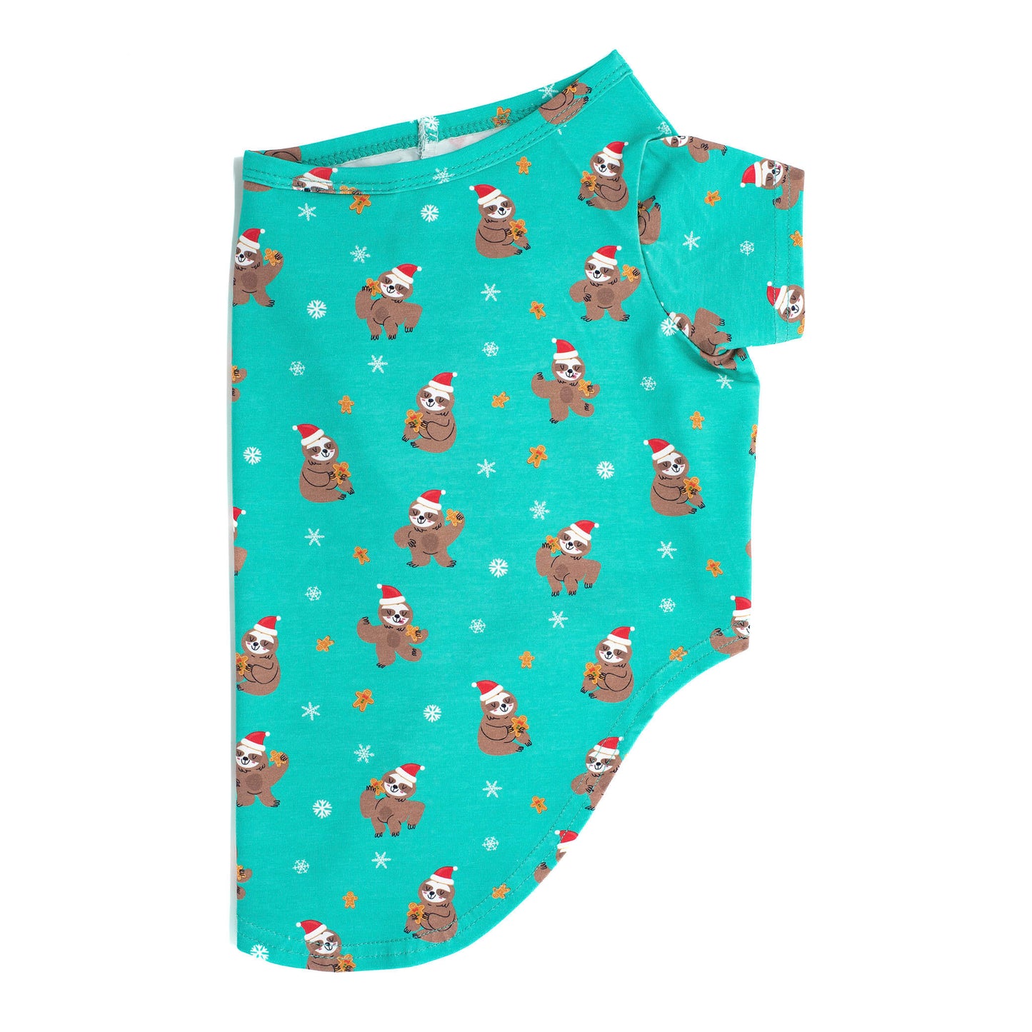 Side flat lay of Festive Sloths dog shirt, a green Christmas-themed dog clothing. Adorable sloths wearing Christmas hats are printed on the shirt. Perfect for festive pet fashion enthusiasts. Shop now for trendy dog shirts and dog clothing.