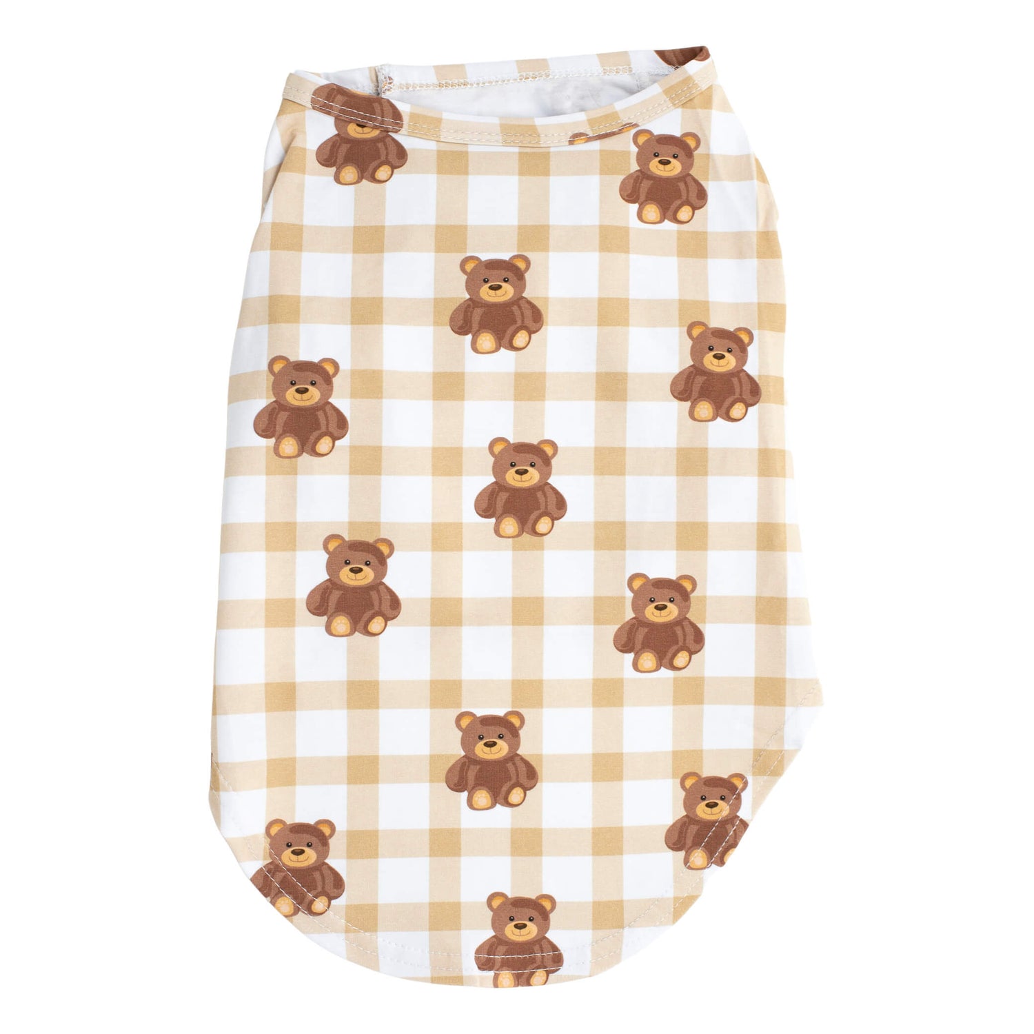 Back profile of Vibrant Hounds Teddy Bear pyjamas for dogs. It is brown and white gingham with teddy bears printed on it.