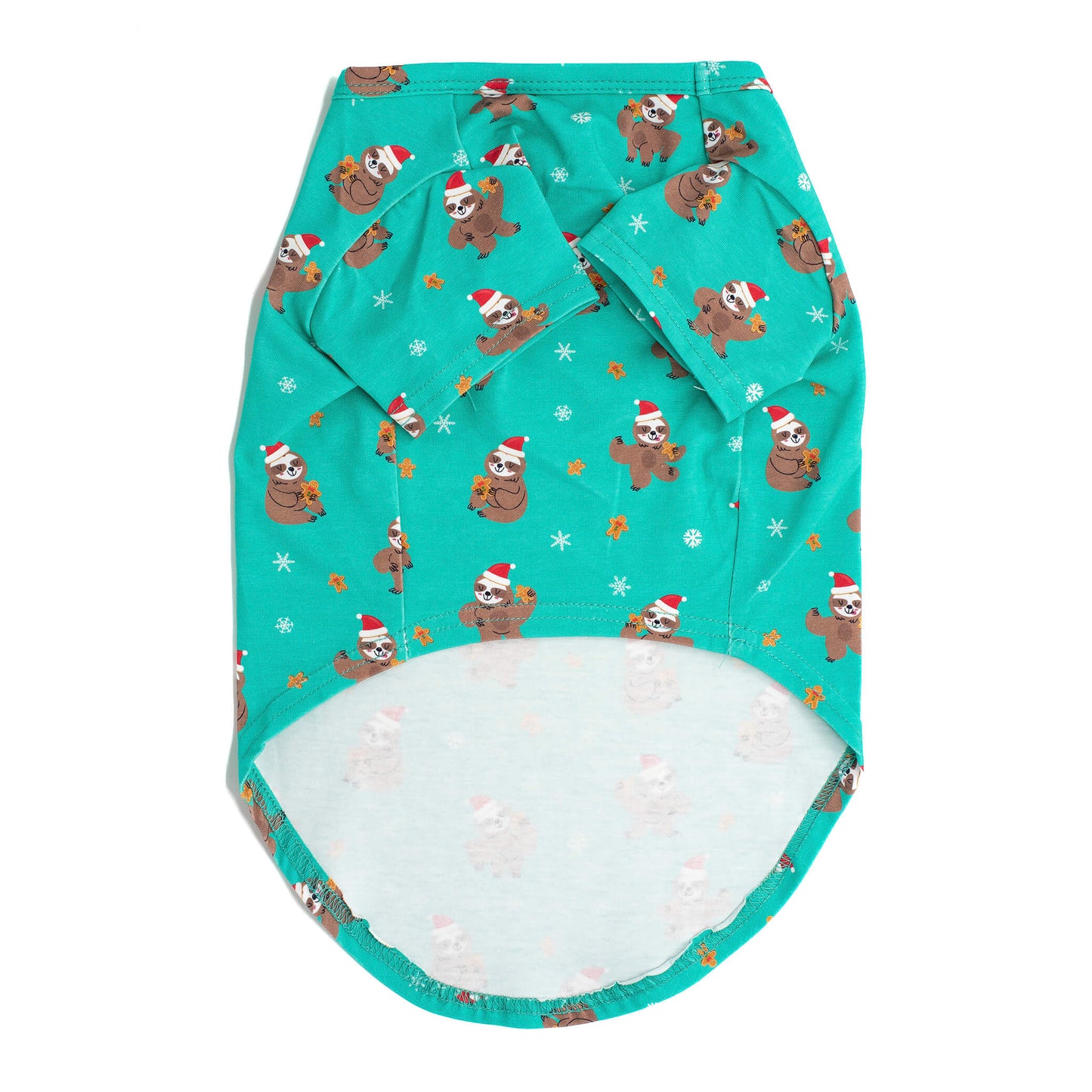 Front view of our Festive Sloths Christmas dog shirt. A green shirt featuring adorable sloths wearing Christmas hats printed on it. Perfect for adding a playful touch to your dog's holiday wardrobe