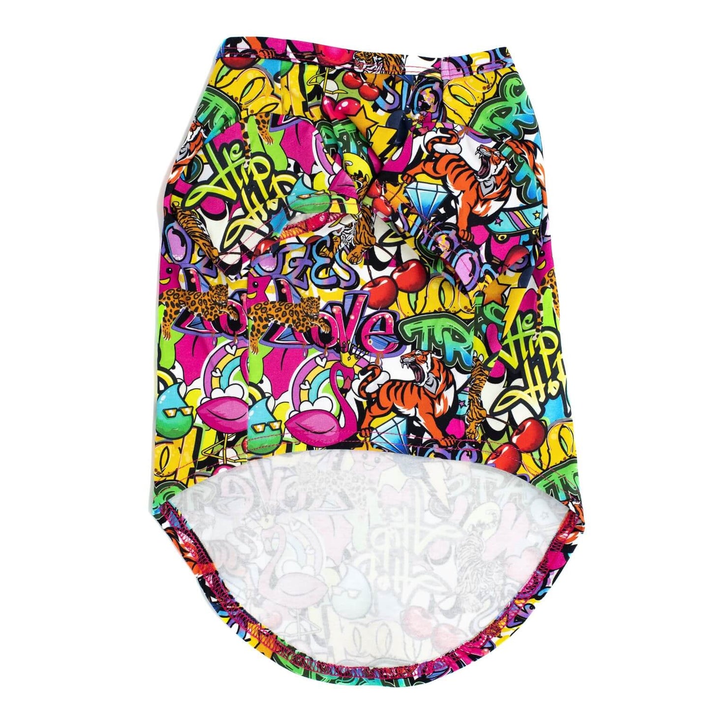 A front flat lay of Vibrant Hounds Writting on the wall dog shirt. It is printed with bright graffiti on the shirt.