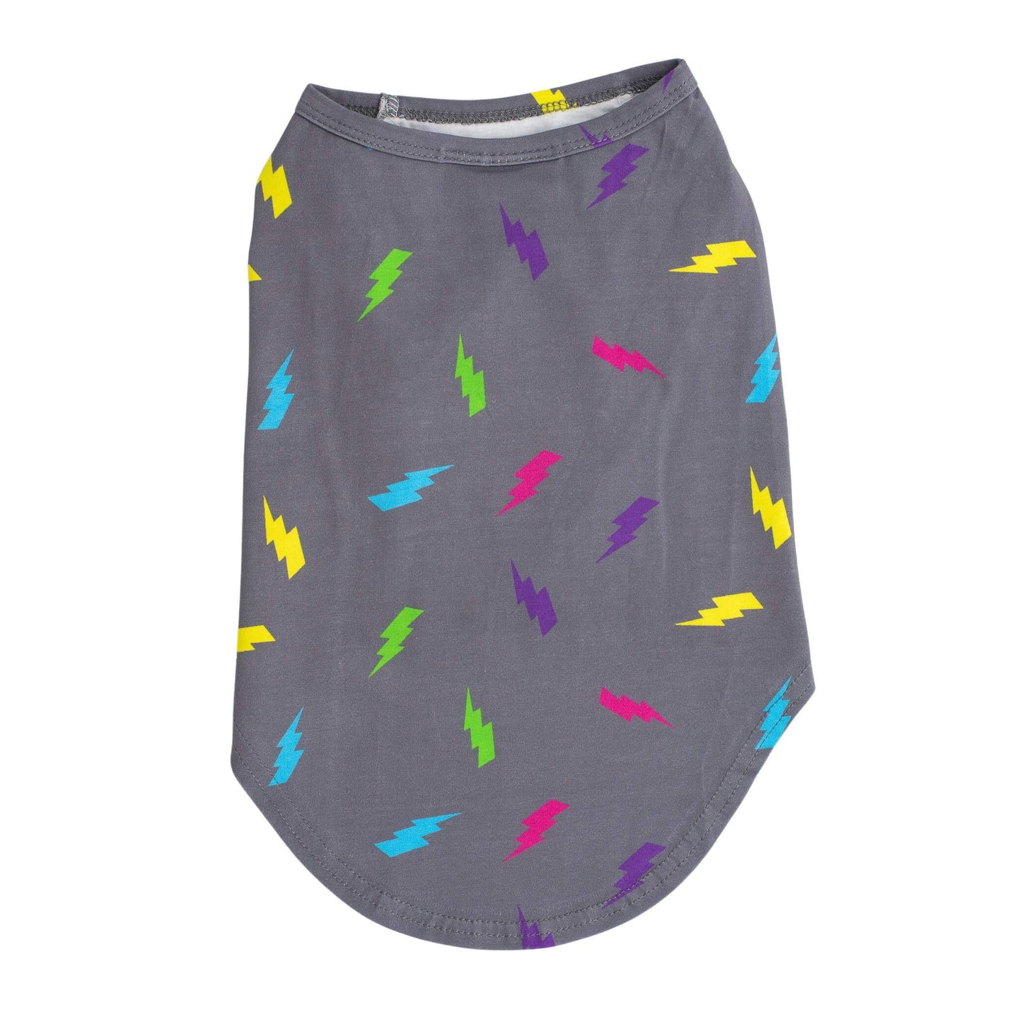 Back flat lay photograph of Vibrant Hounds Electric Energy dog shirt. The shirt is grey with bright lightning bolts. This dog clothing fits dogs of all sizes.