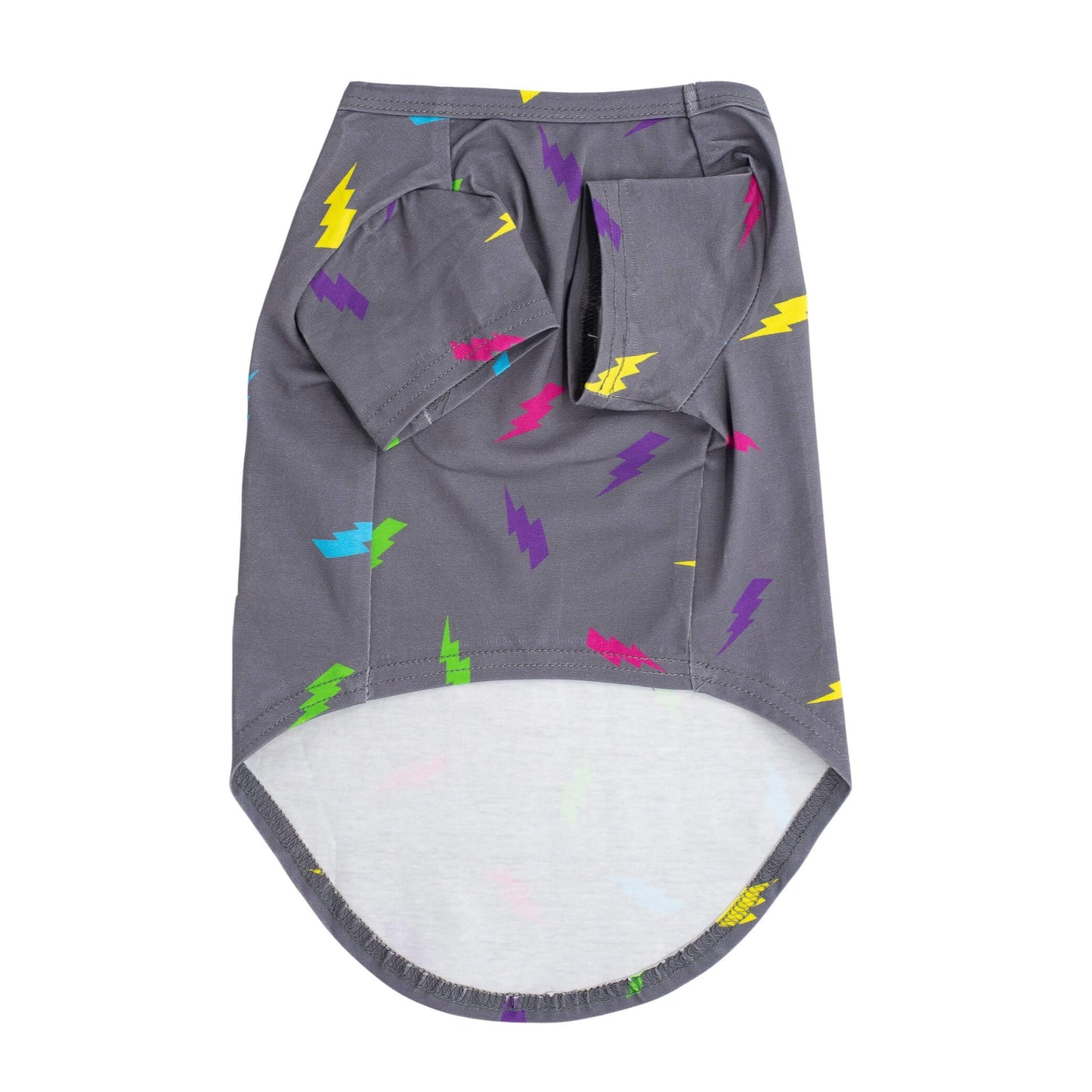 Front flat lay of Vibrant hound's Electric Energy dog shirt. The front of the shirt is taken up so dogs can go toilet. The shirt is grey with bright red, yellow, and green lightning bolts.