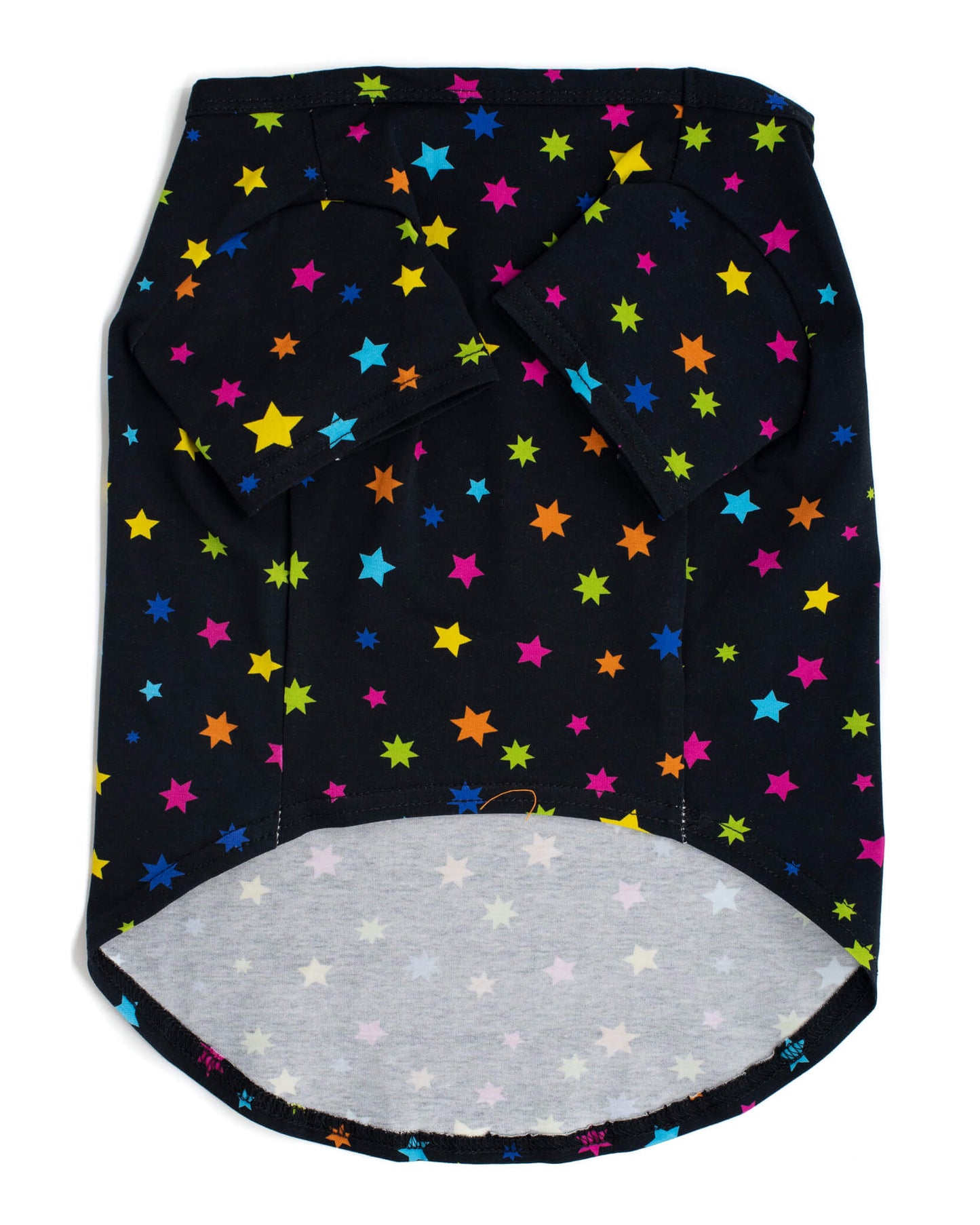 Front flat lay of star gazer dog shirt - black shirt with bright multi-colored stars - Discover the eye-catching design of the star gazer shirt for dogs - Browse our collection of trendy dog shirts and clothing for fashionable canine companions.