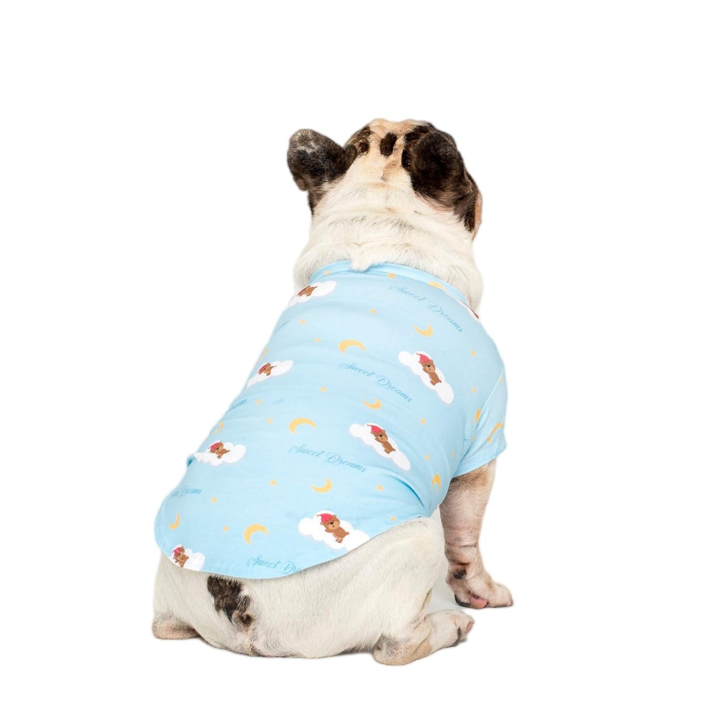 A close up of a French Bulldogs back wearing Lil Dreamer Blue pyjamas for dogs.