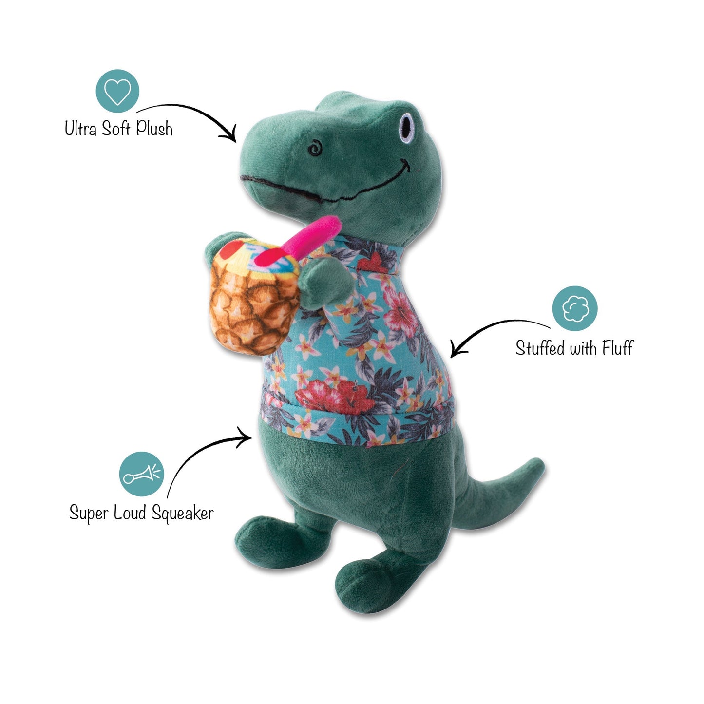 Fringe Studio It's 5 O'Clock Somewhere tropical plush squeaky dog toy features
