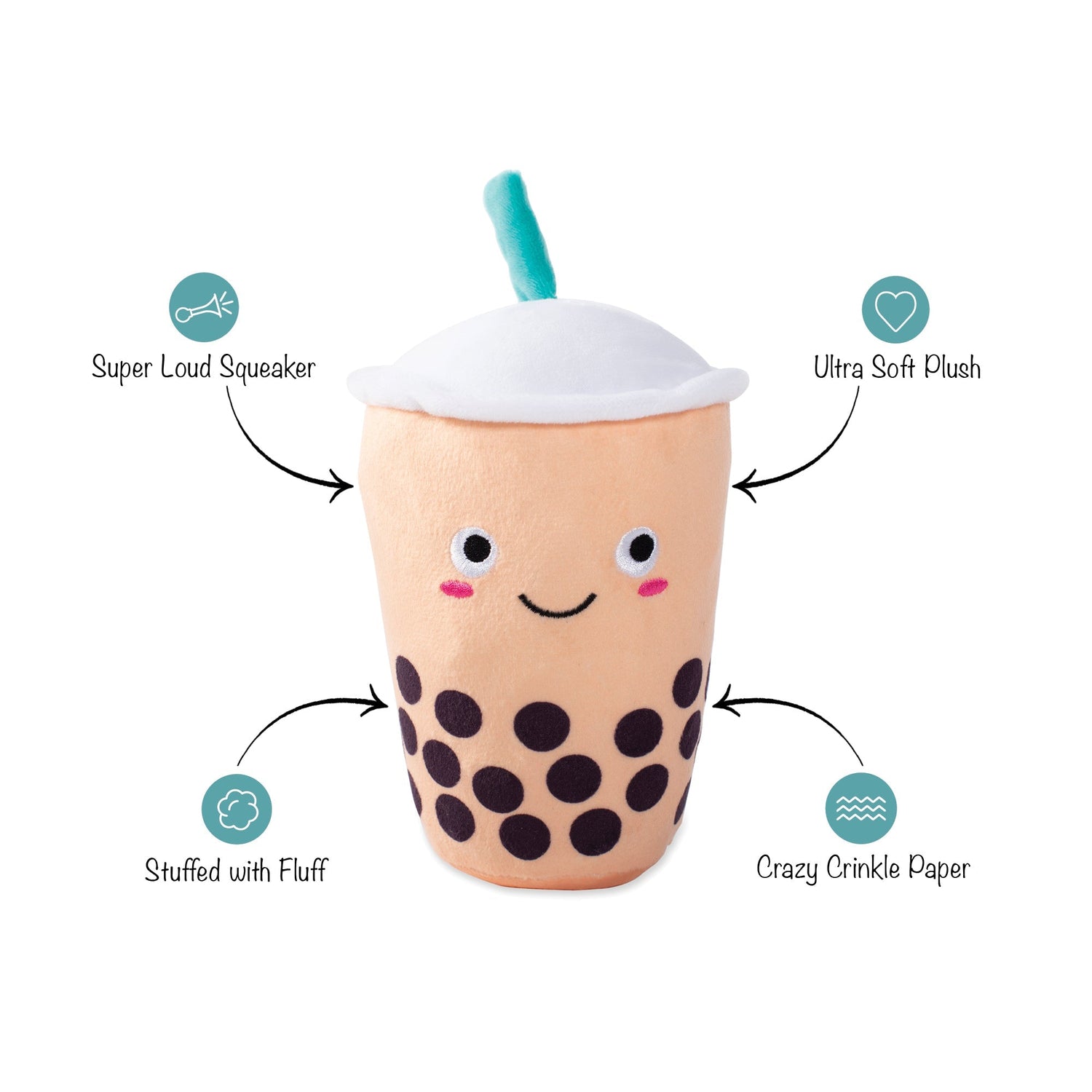 Fringe Studio It's Boba Time bubble tea plush squeaky dog toy features