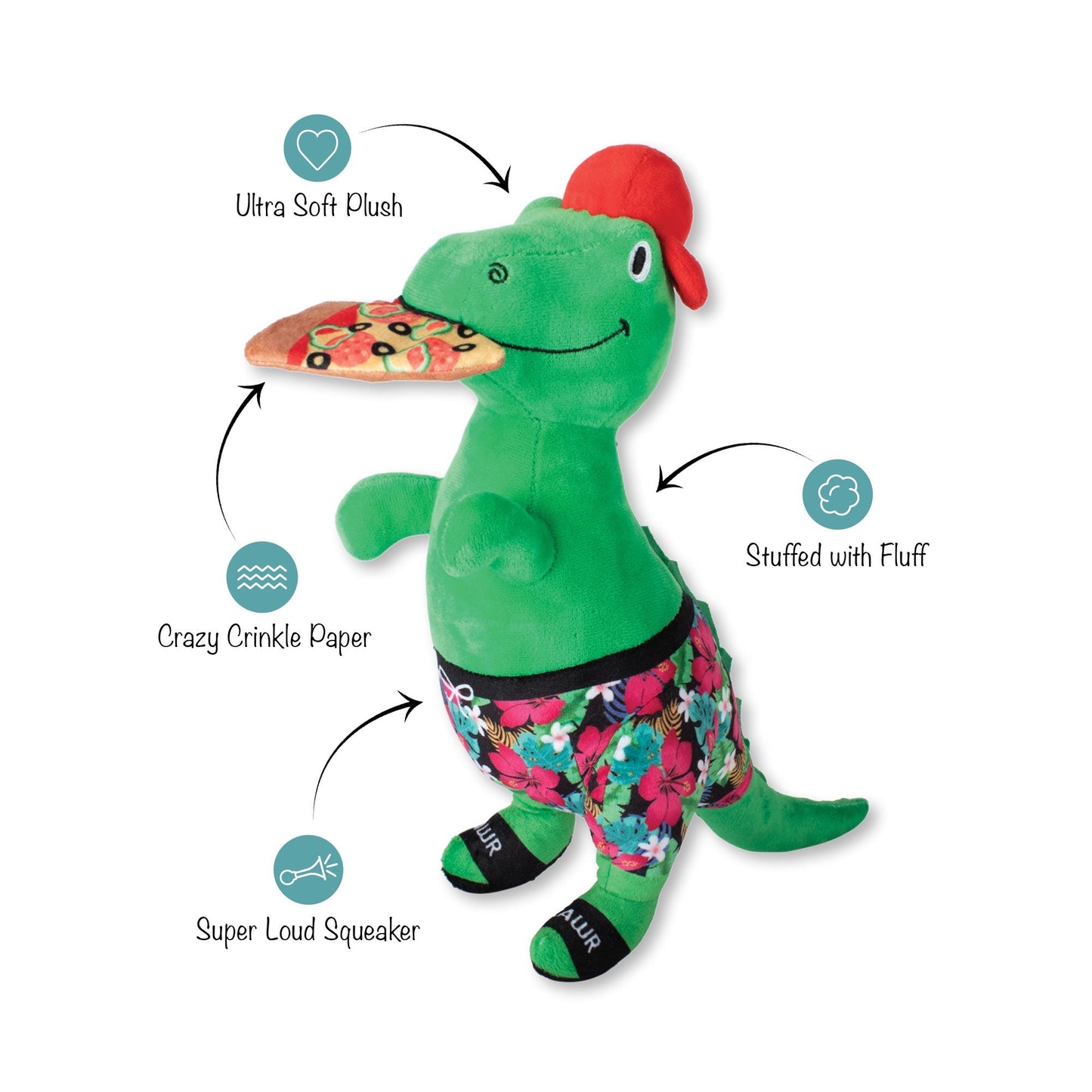 Fringe Studio Pizzasaurus Rex dinosaur plush squeaky dog toy features