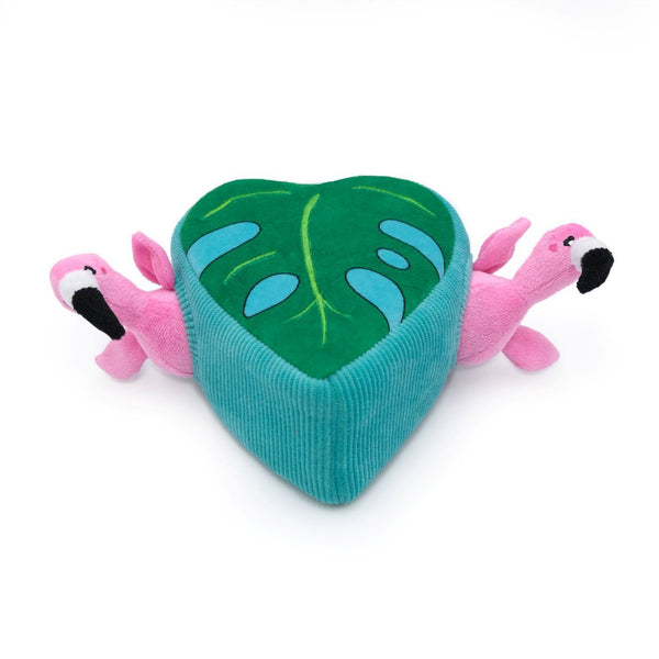 Dog Toy: Zippy Paws Burrows Flamingos in Monsterra leaf – Vibrant