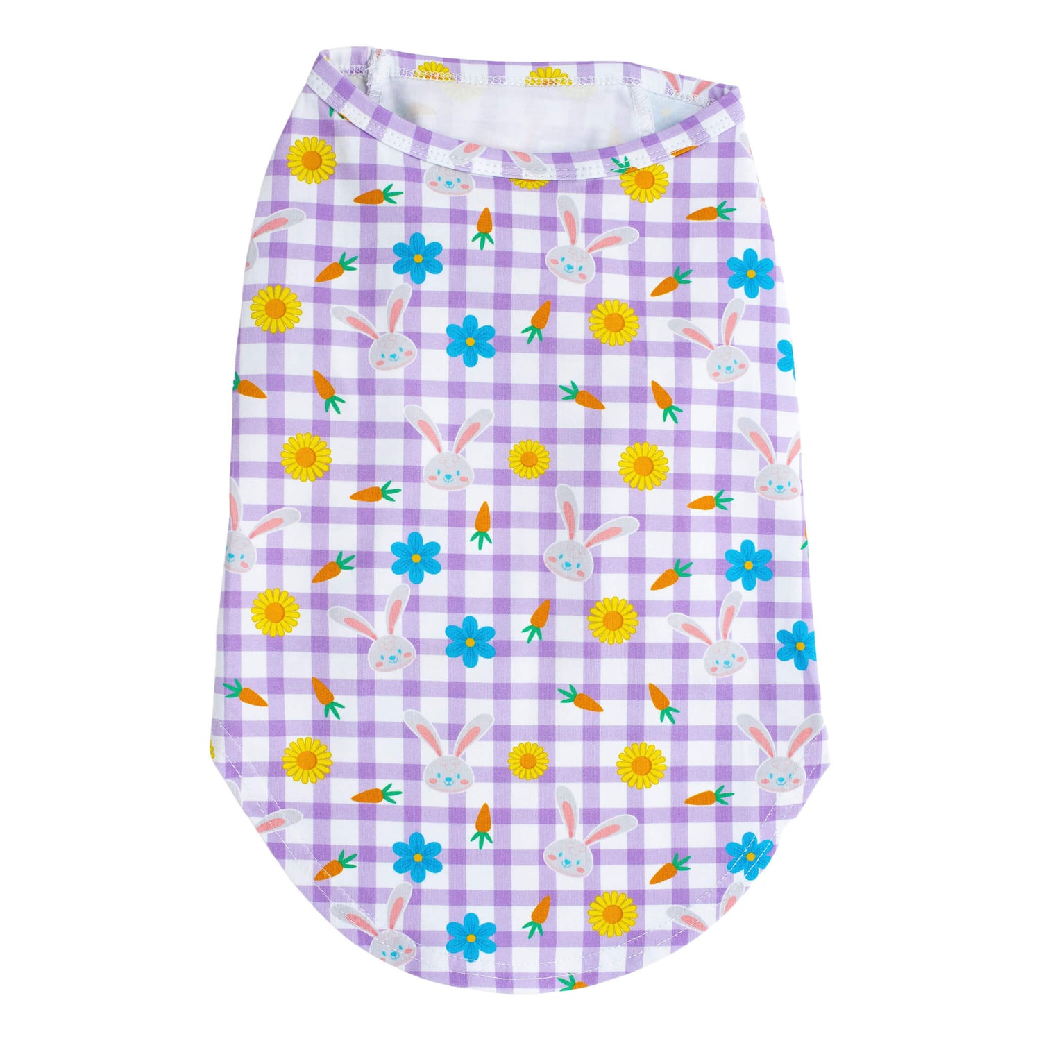 Back flat lay of Vibrant Hounds Hoppy Easter shirt for dogs. It has a purple gingham background with Easter bunnies, carrots, and sunflowers printed on the front.
