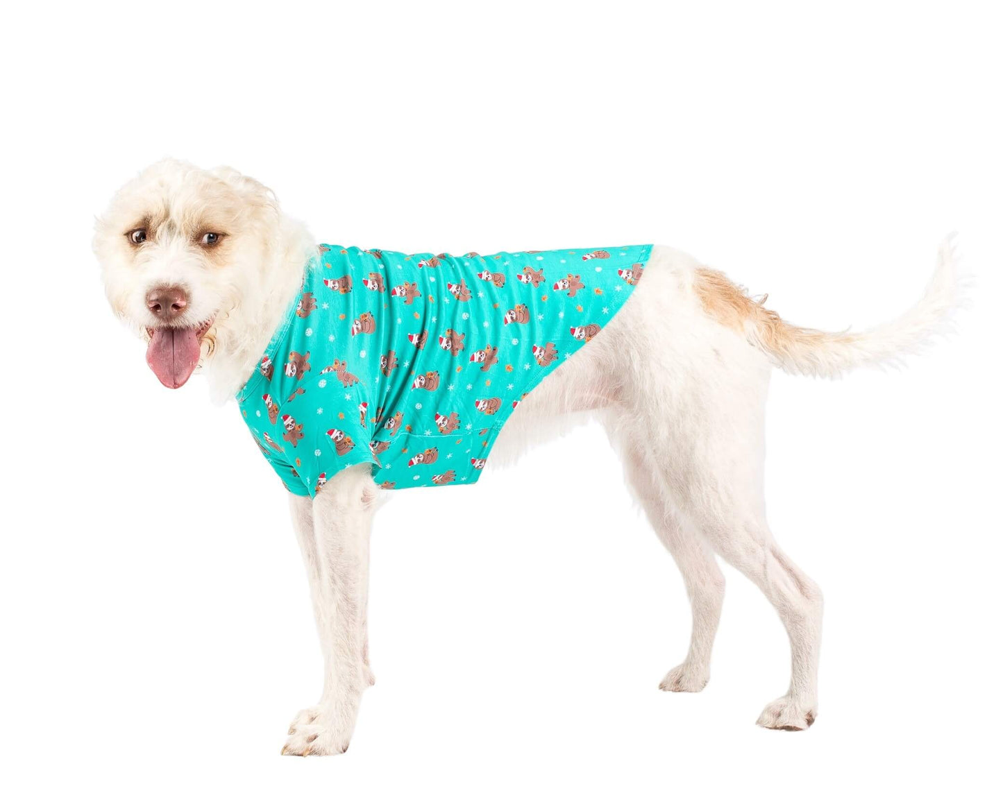 Majestic Large Dog in Festive Sloths Dog Shirt - Impressive Large Breed Dog Wearing a Green Christmas Shirt with Sloths in Santa Hats - Elevate Your Dog's Holiday Style with Size-Inclusive Dog Clothing - Shop Now for Dog Shirts and Dog Clothing for Larger Canine Friends