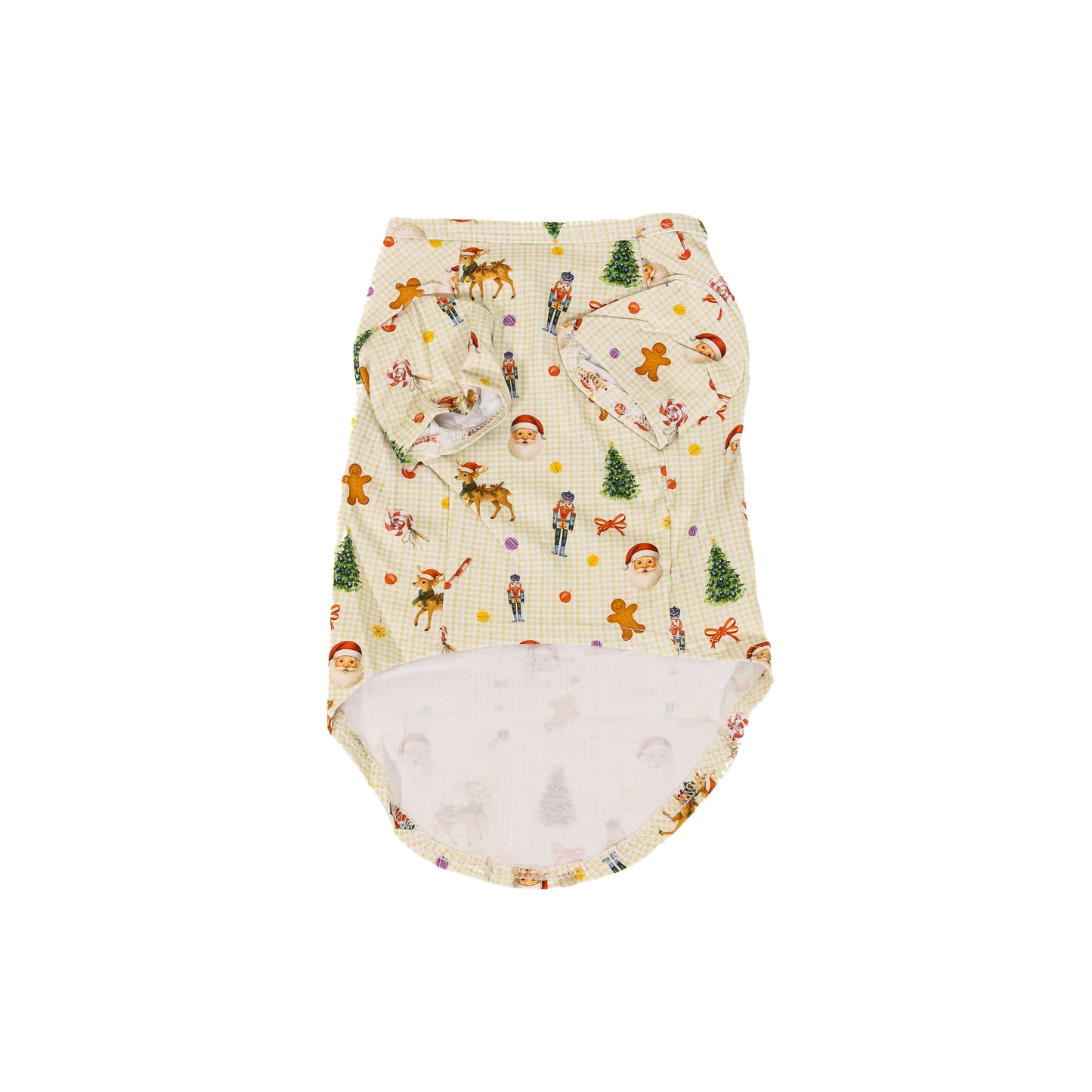 Front flat lay of a Christmas dog shirt featuring Santa, reindeer, nutcracker, candy cane, gingerbread, and Christmas tree print on a cream gingham fabric.