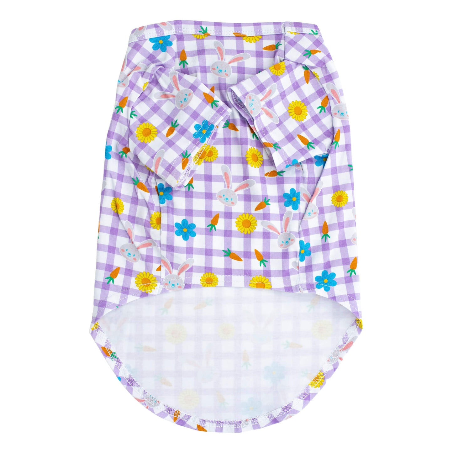 Front flat lay of Vibrant Hounds Hoppy Easter shirt for dogs. It has a purple gingham background with Easter bunnies, carrots, and sunflowers printed on the front.