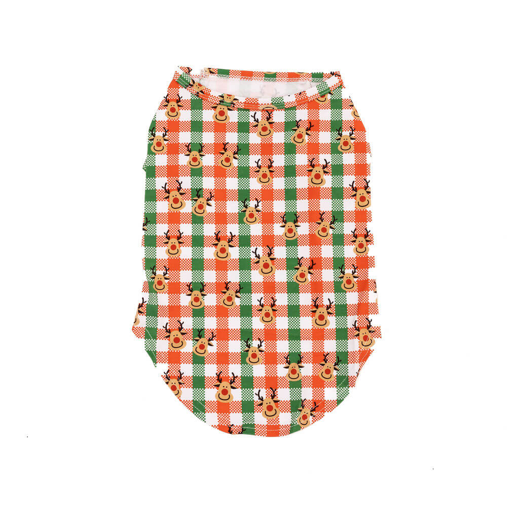 A back flat lay of a Vibrant Hound Reindeer Christmas shirt for dogs. The shirt has green, red, and white cheekers with reindeer printed on it. 