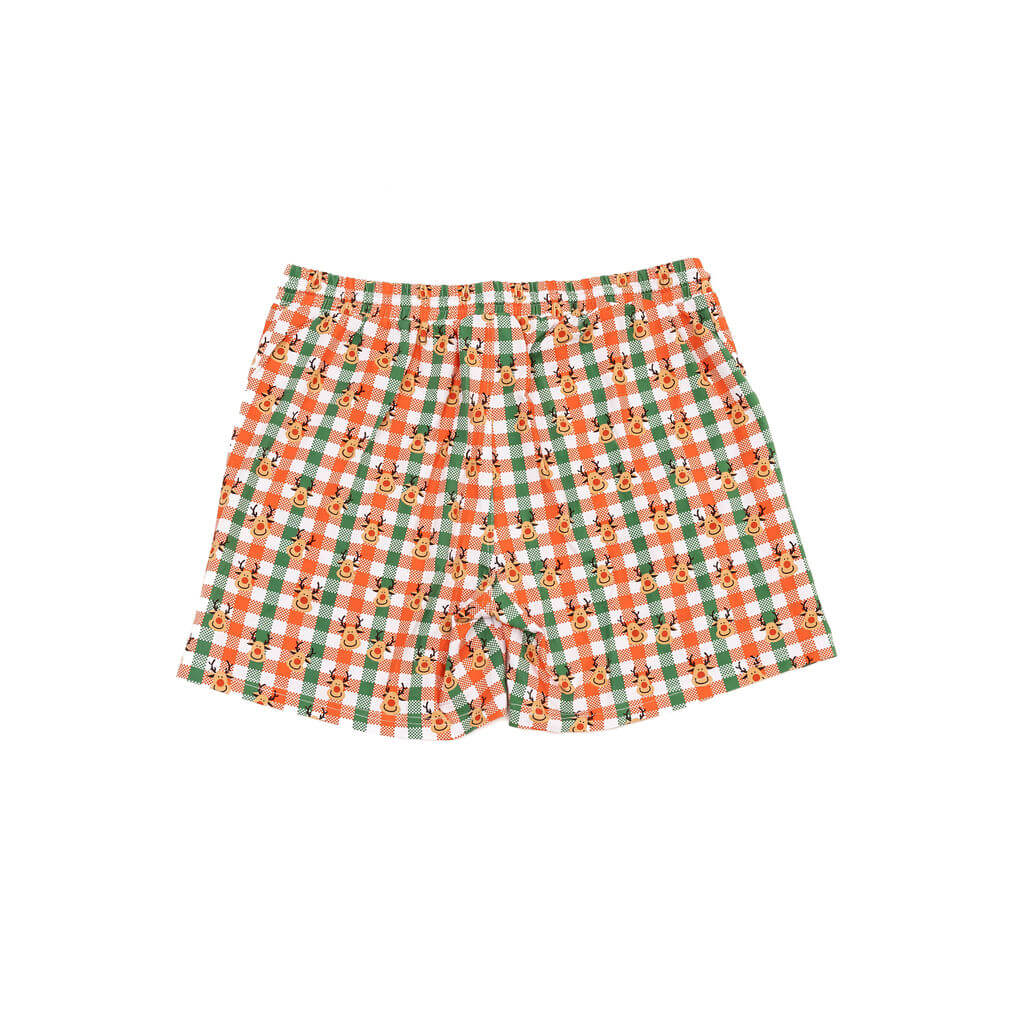 A Flat lay of the back of Vibrant Hounds human Christmas pajama shorts. The shirt and pajama shorts has green, red, and white cheekers with reindeer printed on it.