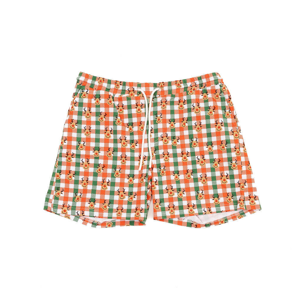 A Flat lay of the front of Vibrant Hounds human Christmas pajama shorts. The shirt and pajama shorts has green, red, and white cheekers with reindeer printed on it.