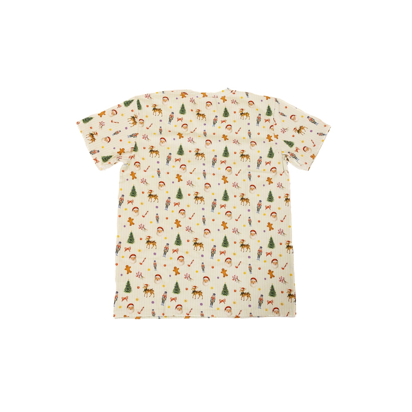 Back view of Santa’s Workshop Christmas pyjama top showing festive all-over print with Santa, reindeer, nutcrackers and holiday icons.
