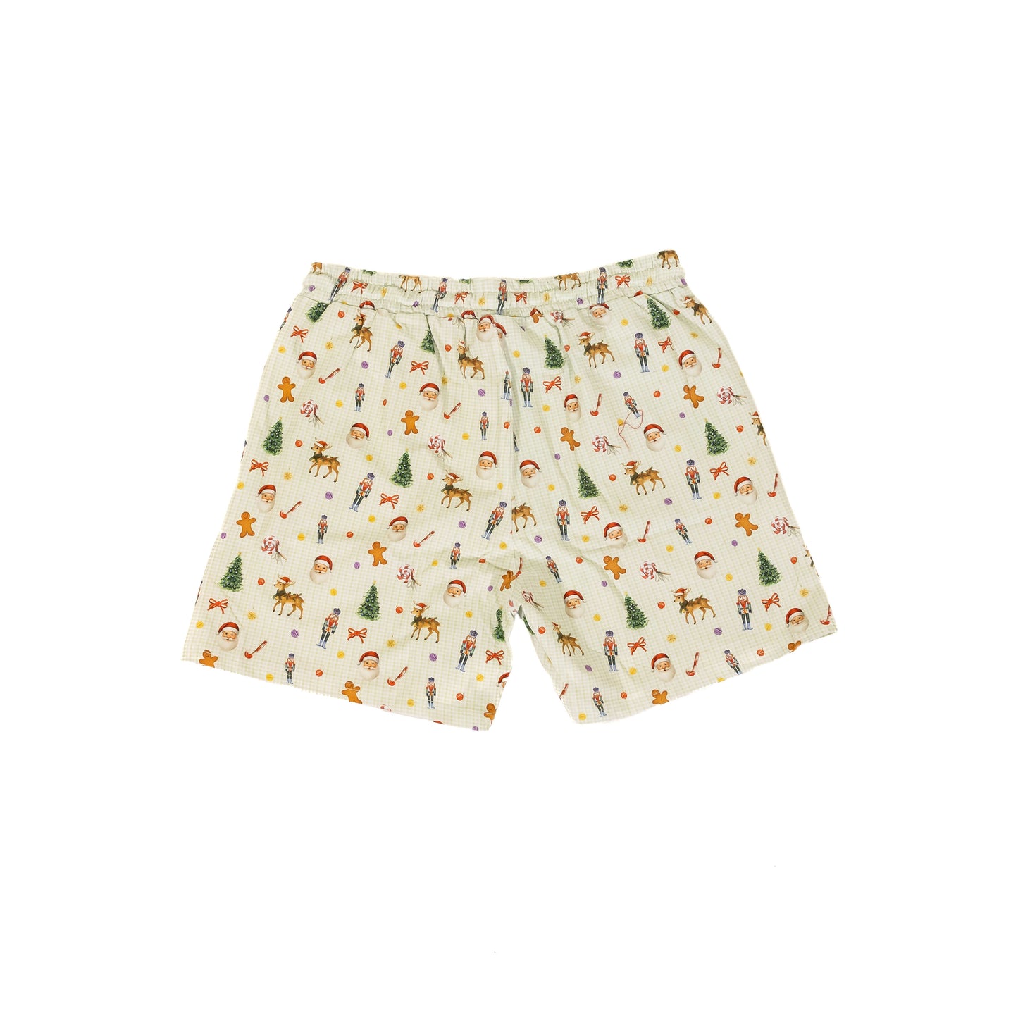Flat lay of Santa’s Workshop Christmas pyjama shorts with elastic waistband and festive print featuring Santa, reindeer and nutcrackers.