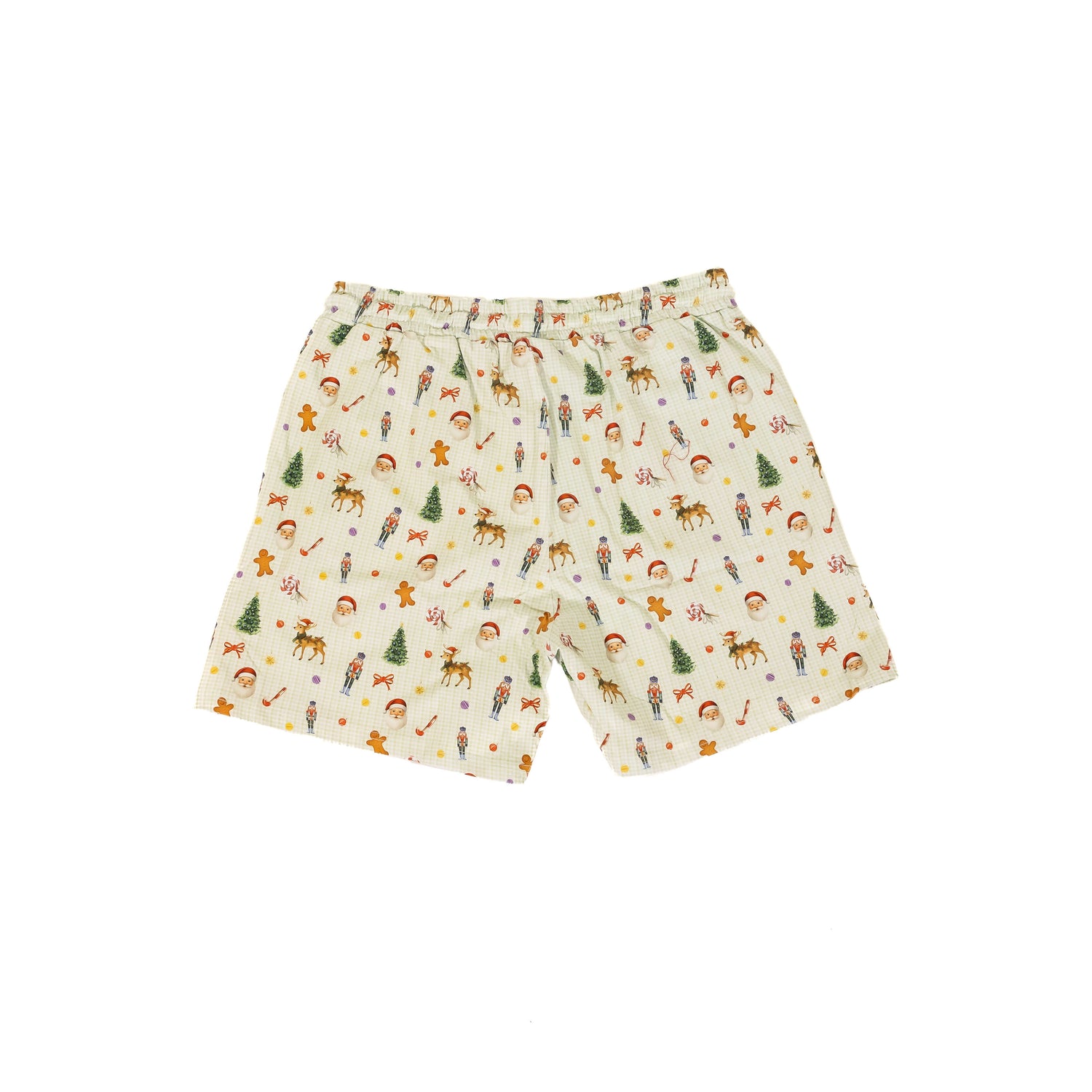 Flat lay of Santa’s Workshop Christmas pyjama shorts with elastic waistband and festive print featuring Santa, reindeer and nutcrackers.
