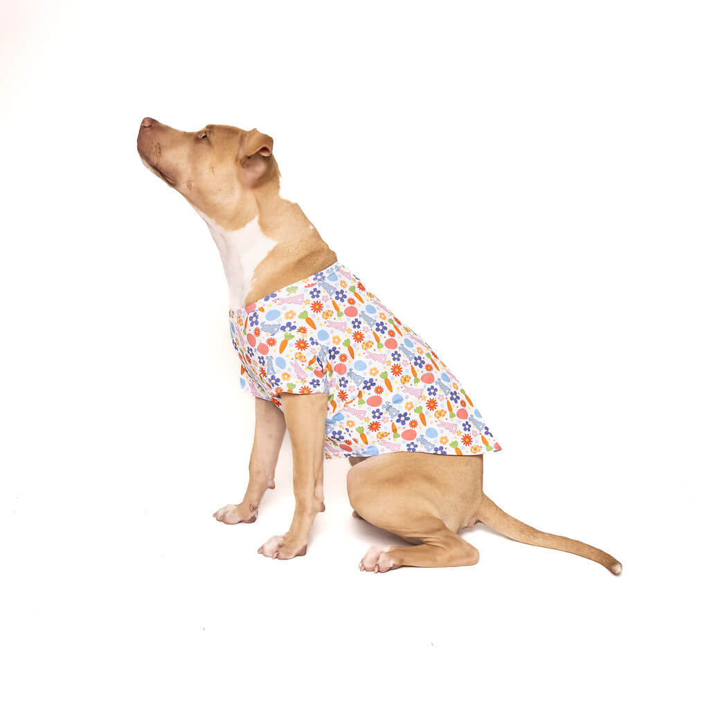 A medium-sized, tan-colored dog with short hair sits in profile view facing to the left and looking upwards. It is wearing a white, sleeveless shirt with an all-over print of pastel-colored Easter eggs, orange carrots with green tops, blue and purple flowers with yellow centers, and pink rabbits in various poses. The dog is on a white background.