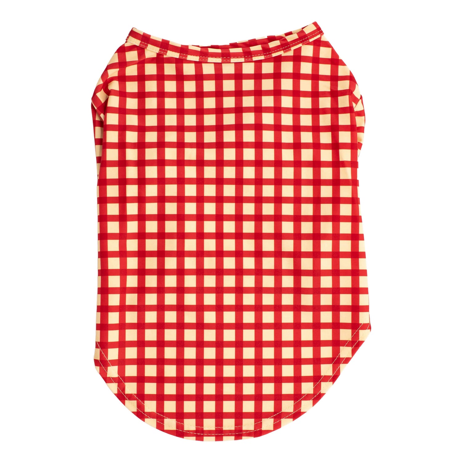 VIbrant Hound red rash shirt for dogs. This is a back flat lay and it is red with cream chequers. It is UPF50 and made from recycled material.