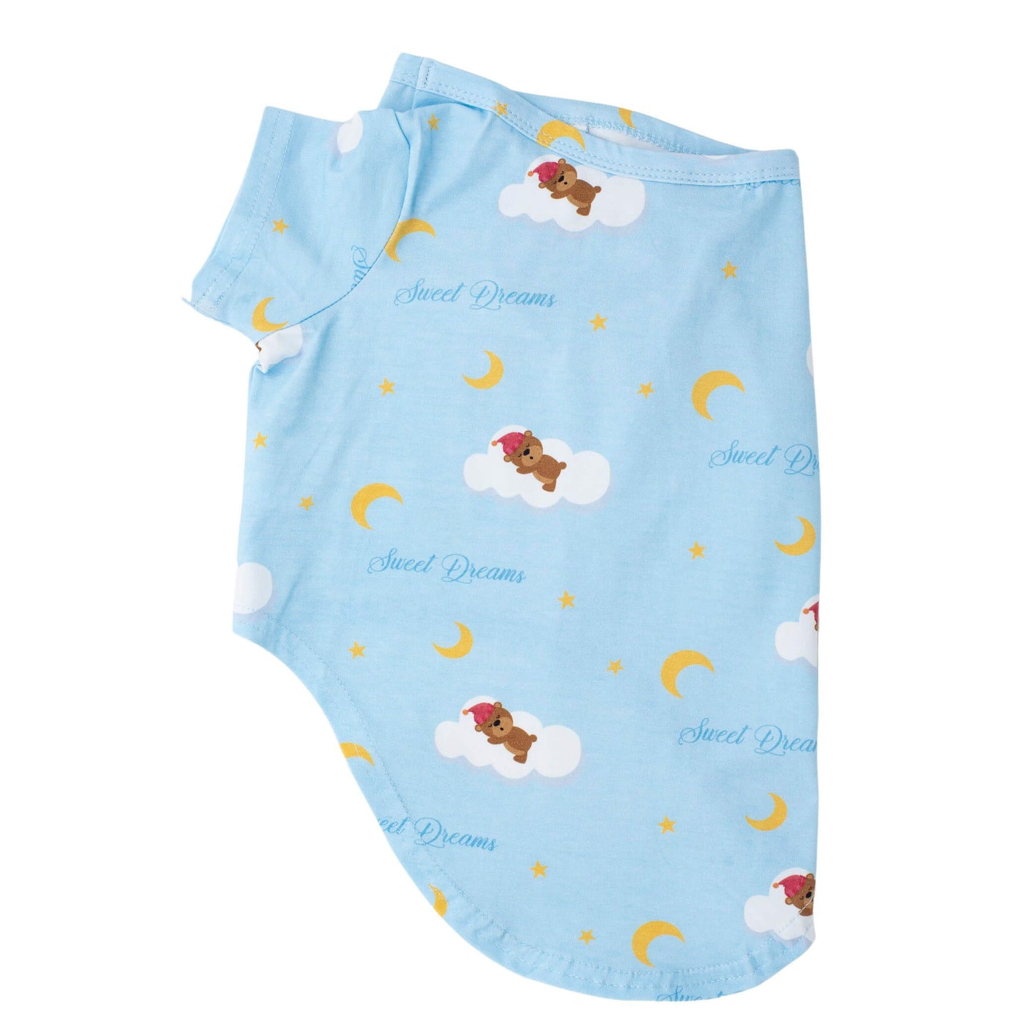  Side flay lay of Vibrant Hounds Lil Dreamer blue pyjamas for dogs. The dog pyjamas are sky blue with teddy bears asleep and floating on clouds printed on it.