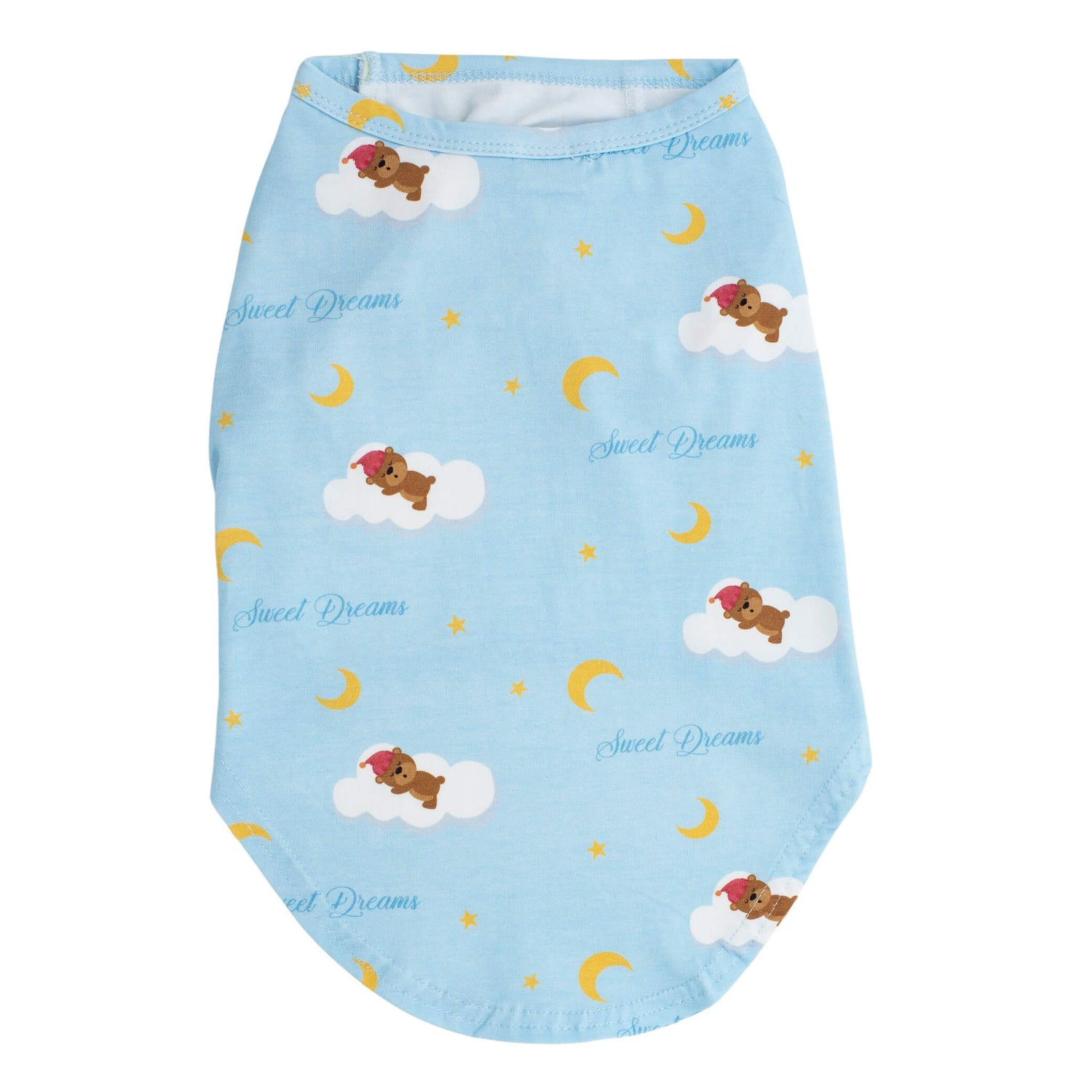 Lil Dreamers dog pyjamas flat lay of the back of the PJS. The shirt is light blue with teddy bears floating on clouds.