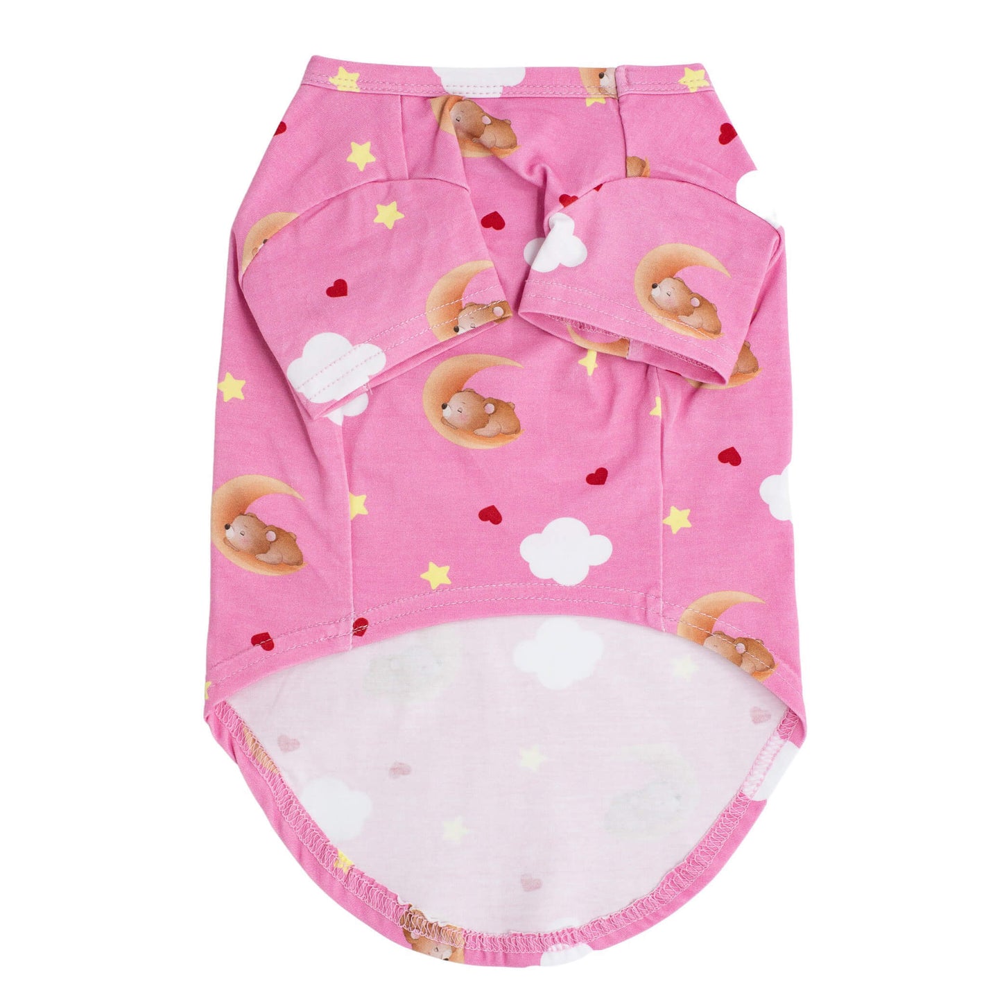 Front flat lay showing the Lil dreamer pink dog pyjamas. The pyjamas have a pink back ground and covered with stars, clouds, and love hearts.