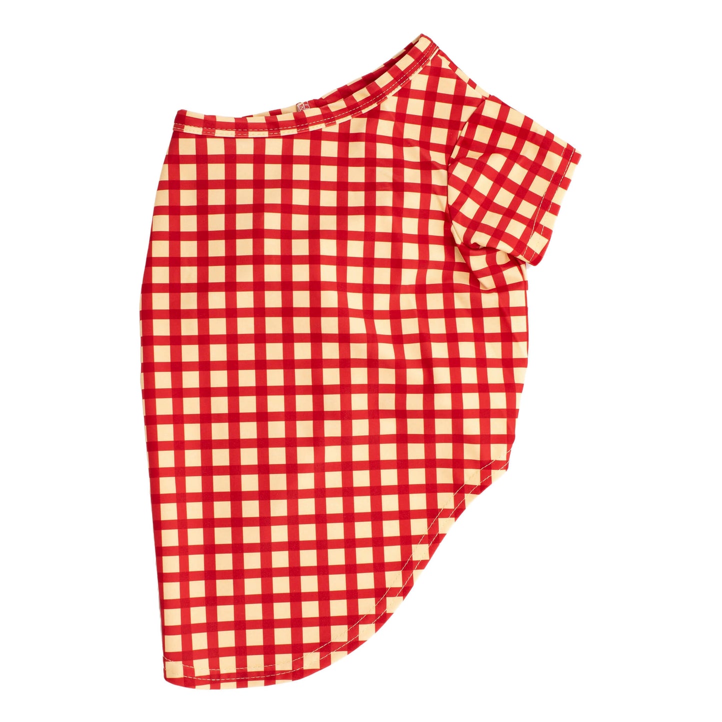 VIbrant Hound red rash shirt for dogs. This is a side flat lay and it is red with cream chequers. It is UPF50 and made from recycled material.