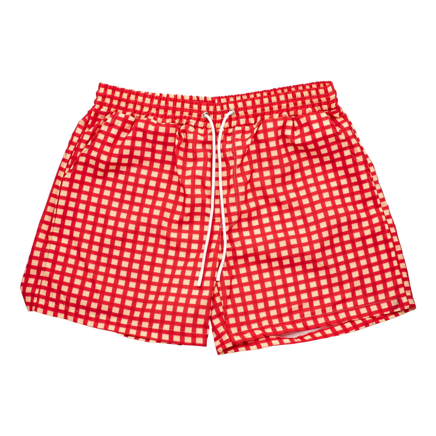 Red Checker swimwear by Vibrant Hound. It is Red with cream checkers.