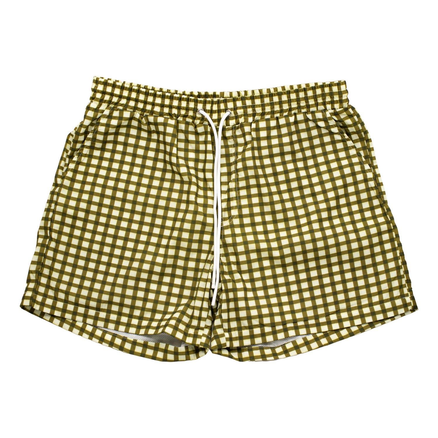 Vibrant Hounds Green checkered swim shorts. This is front flay and the swimwear is green and cream checkers.
