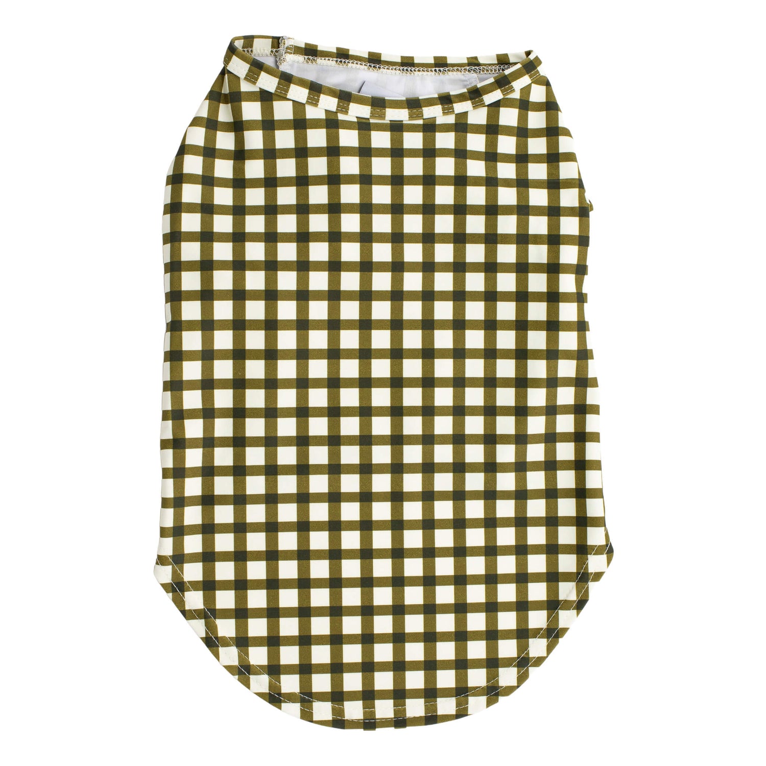 Back flat lay of Vibrant Hounds green checkered rash shirt for dogs. It is UPF 50 and made out of recycled material.