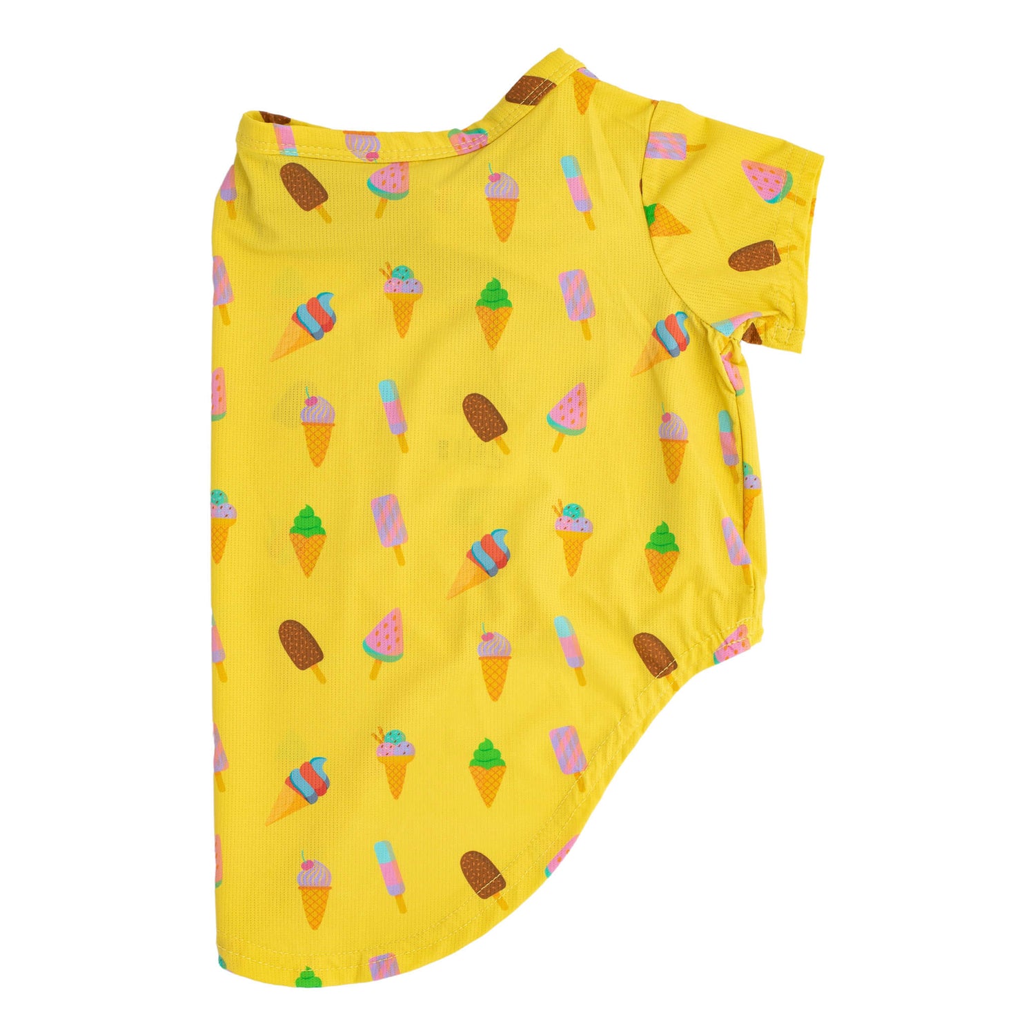 A side profile flat lay of Vibrant Hounds Ice-cream dream cooling shirt. The shirt is yellow with ice creams and ice blocks printed on it.