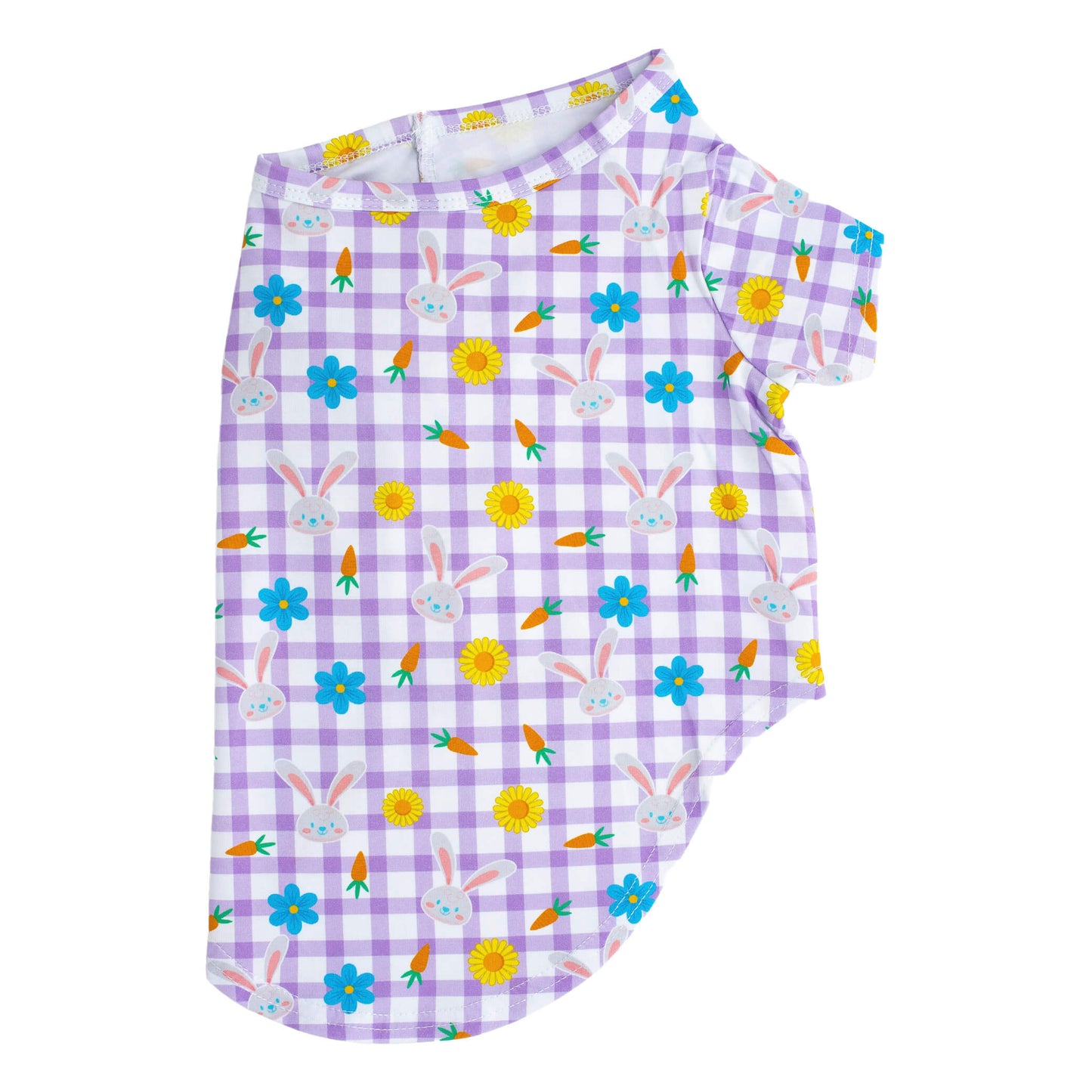 Side flat lay of Vibrant Hounds Hoppy Easter shirt for dogs. It has a purple gingham background with Easter bunnies, carrots, and sunflowers printed on the front.