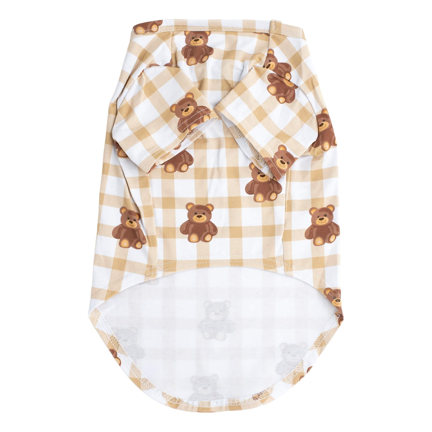Front profile of Vibrant Hounds Teddy Bear pyjamas for dogs. It is brown and white gingham with teddy bears printed on it.