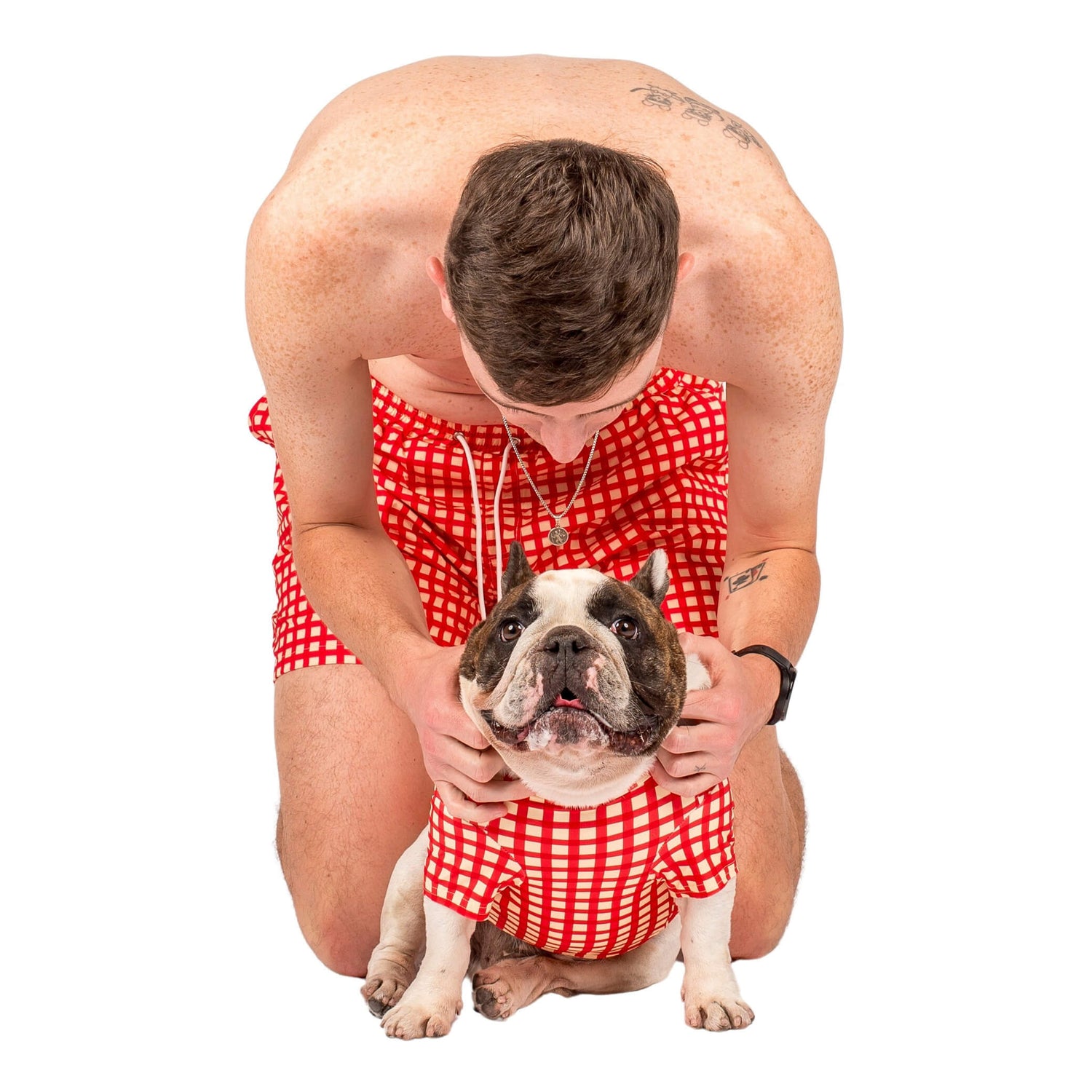 A male model and French Bulldog wearing VIbrant Hounds Red Gingham swimwear. The Brindle Pied French Bulldog is wearing a red gingham rash shirt that is UPF50 and the male model is wearing red gingham swim shorts.